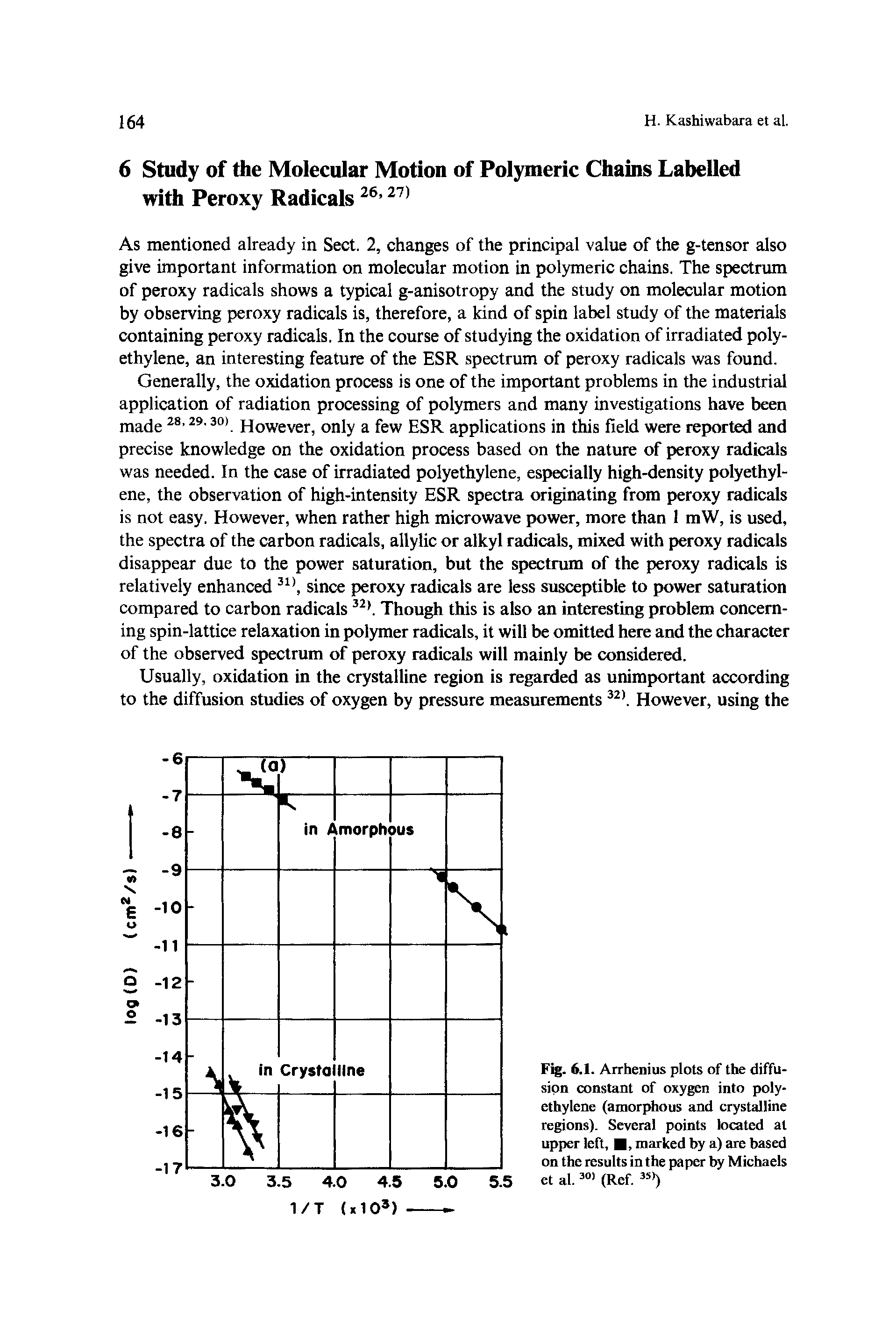Fig. 6.1. Arrhenius plots of the diffusion constant of oxygen into polyethylene (amorphous and crystalline regions). Several points located at upper left, , marked by a) are based on the results in the paper by Michaels et al. (Ref.