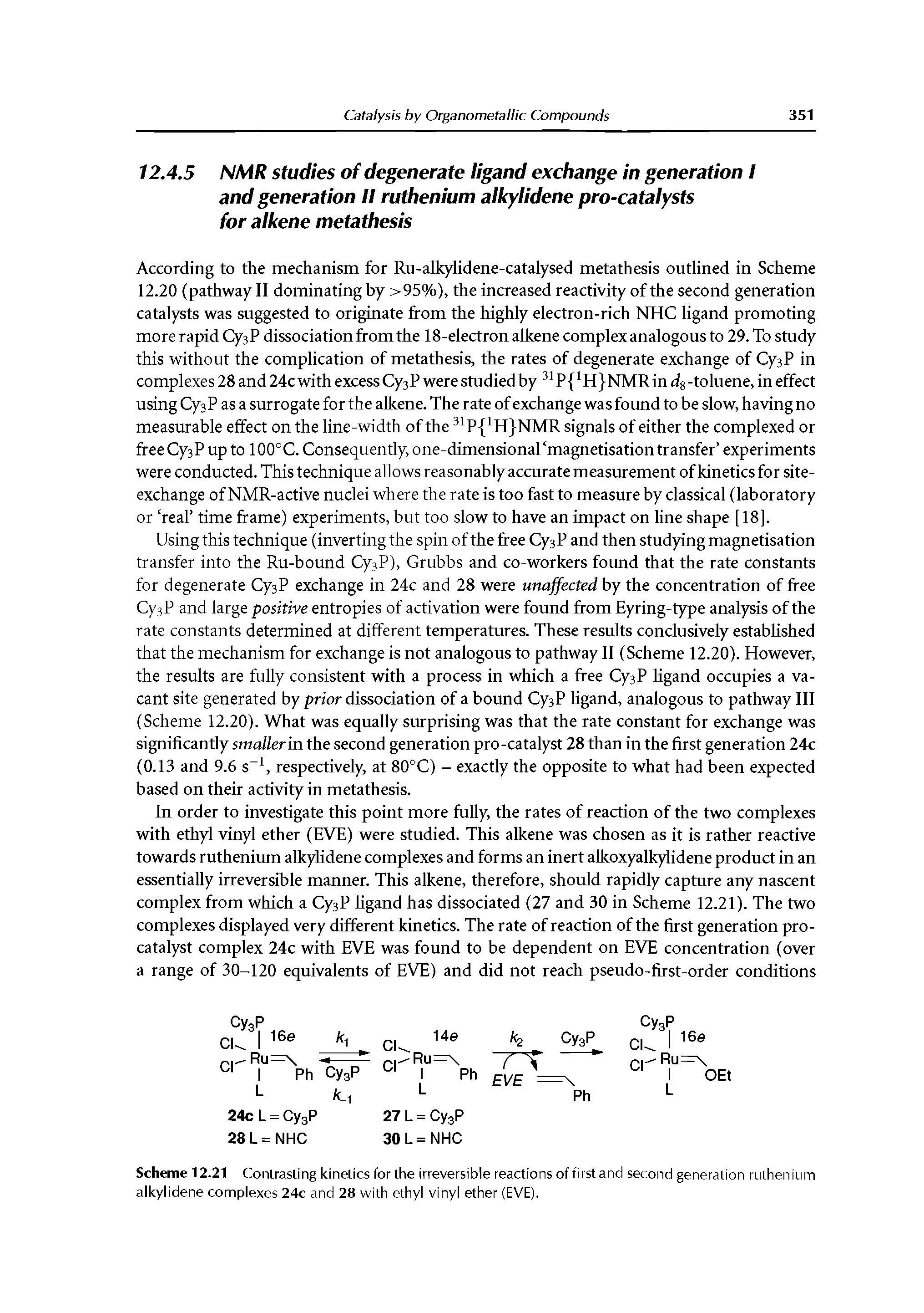 Scheme 12.21 Contrasting kinetics for the irreversible reactions of first and second generation ruthenium alkylidene complexes 24c and 28 with ethyl vinyl ether (EVE).