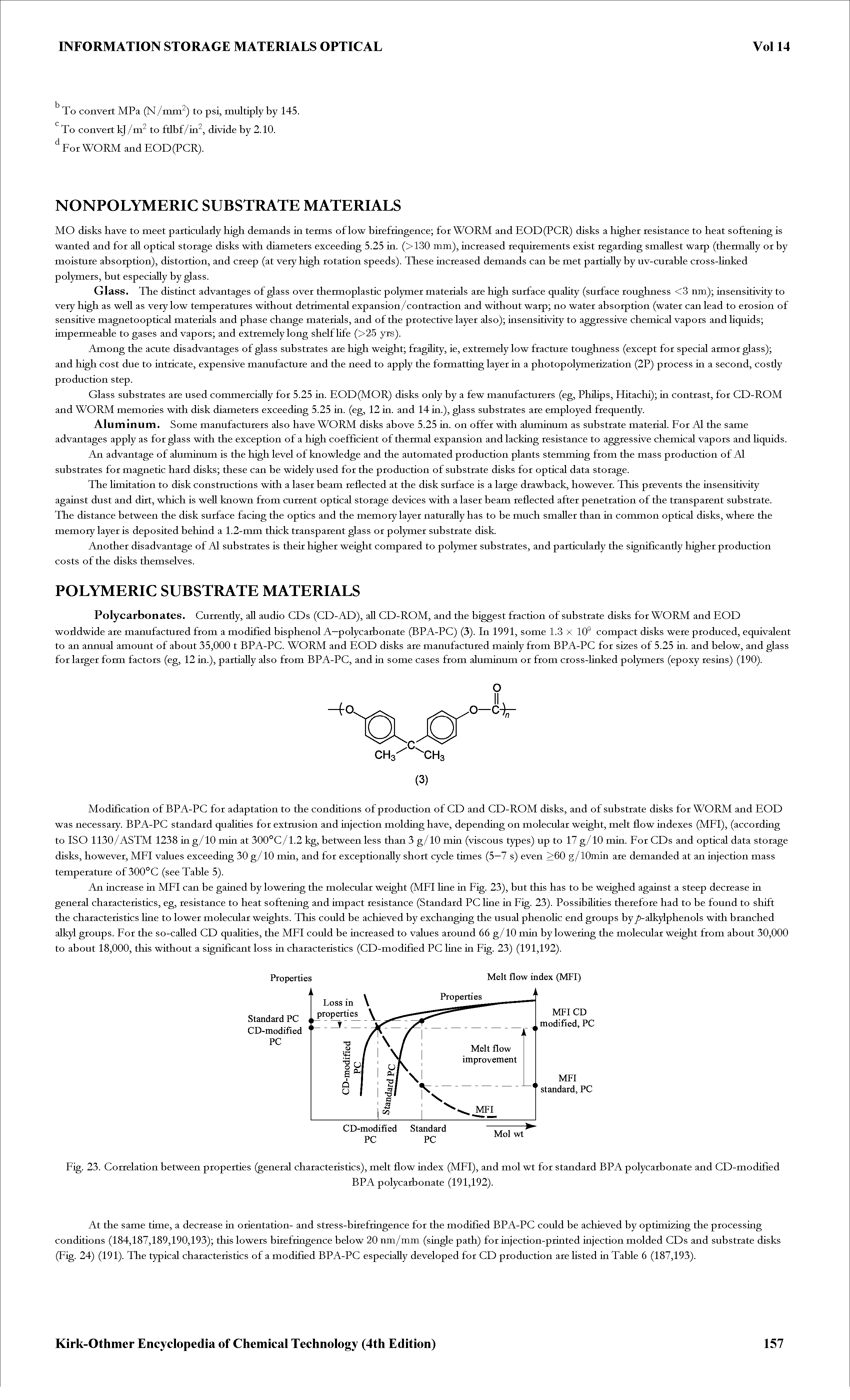 Fig. 23. Correlation between properties (general characteristics), melt flow index (MFI), and mol wt for standard BPA polycarbonate and CD-modified...