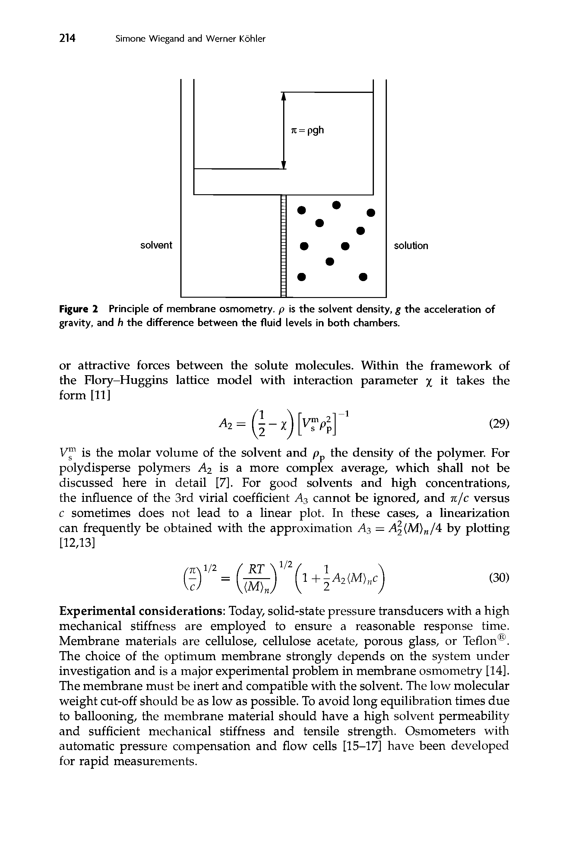 Figure 2 Principle of membrane osmometry, p is the solvent density, g the acceleration of gravity, and h the difference between the fluid levels in both chambers.