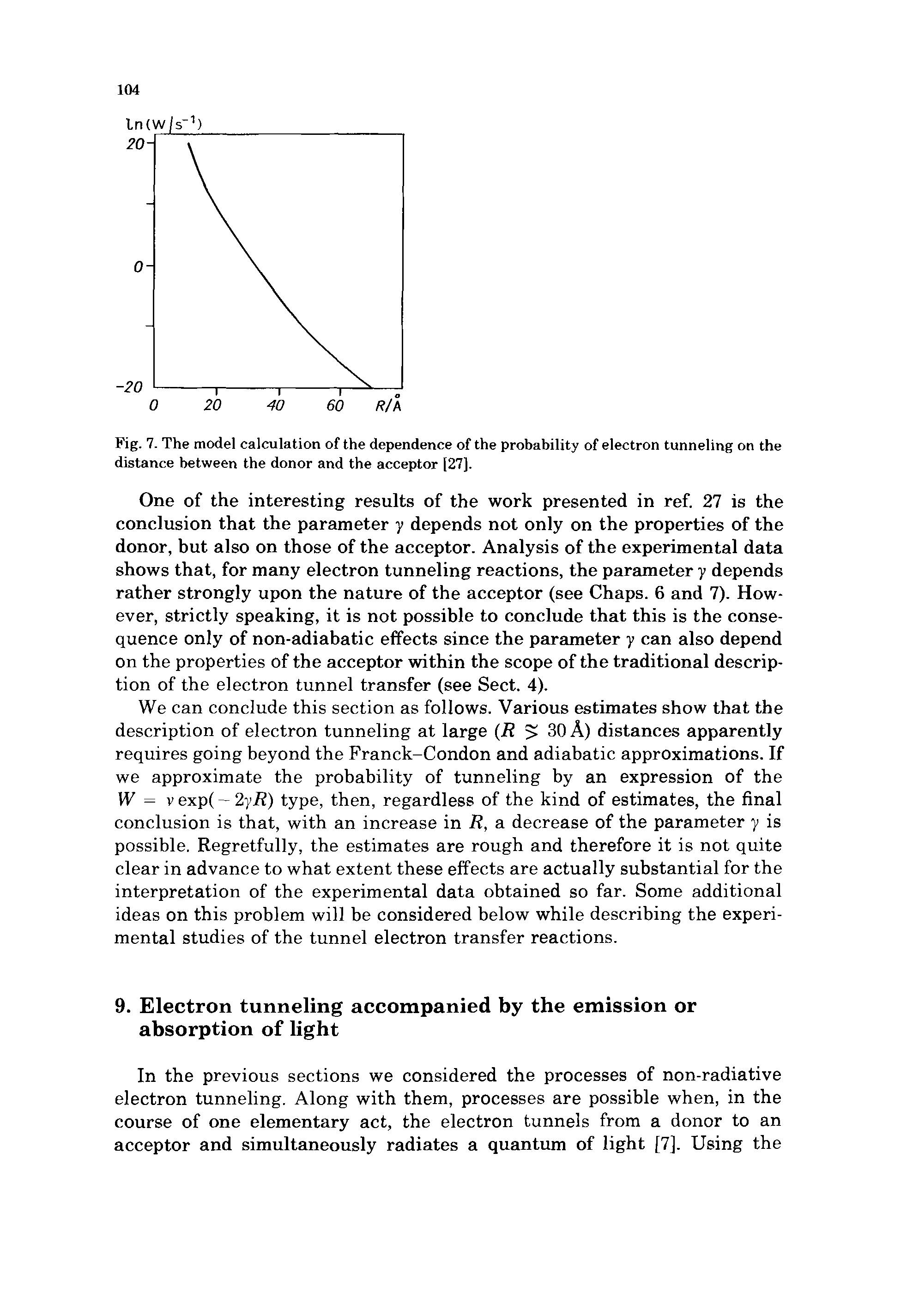 Fig. 7. The model calculation of the dependence of the probability of electron tunneling on the distance between the donor and the acceptor [27].