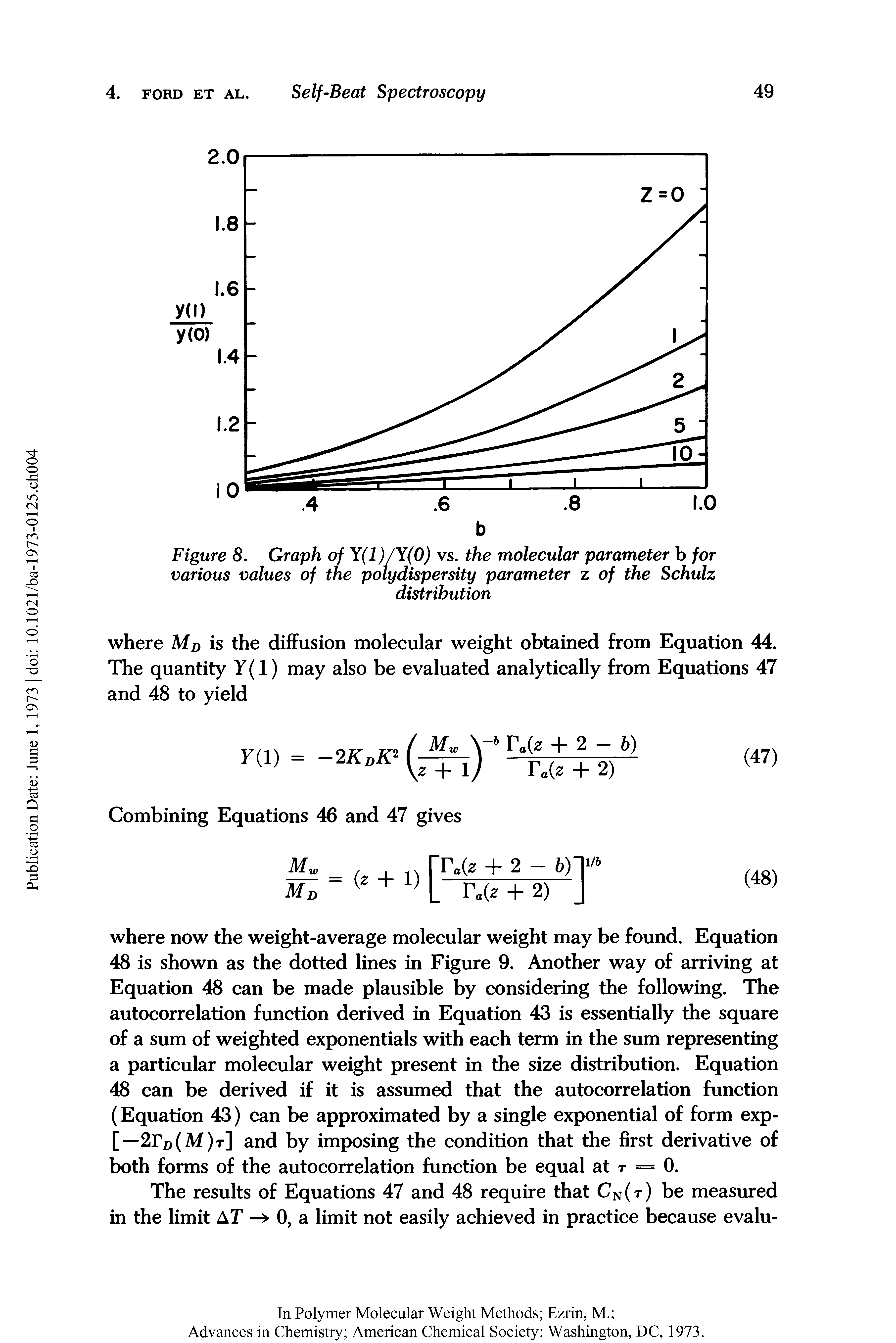 Figure 8. Graph of Y(1)/Y(0) vs. the molecular parameter b for various values of the polydispersity parameter z of the Schulz...