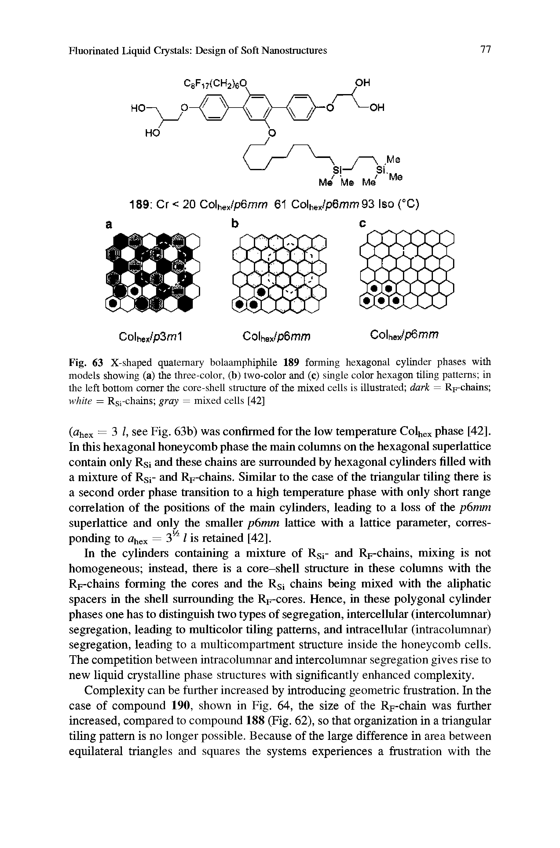 Fig. 63 X-shaped quaternary bolaamphiphile 189 forming hexagonal cylinder phases with models showing (a) the three-color, (b) two-color and (c) single color hexagon tiling patterns in the left bottom comer the core-shell structure of the mixed cells is illustrated dark = Rp-chains white = Rsi-chains gray = mixed cells [42]...