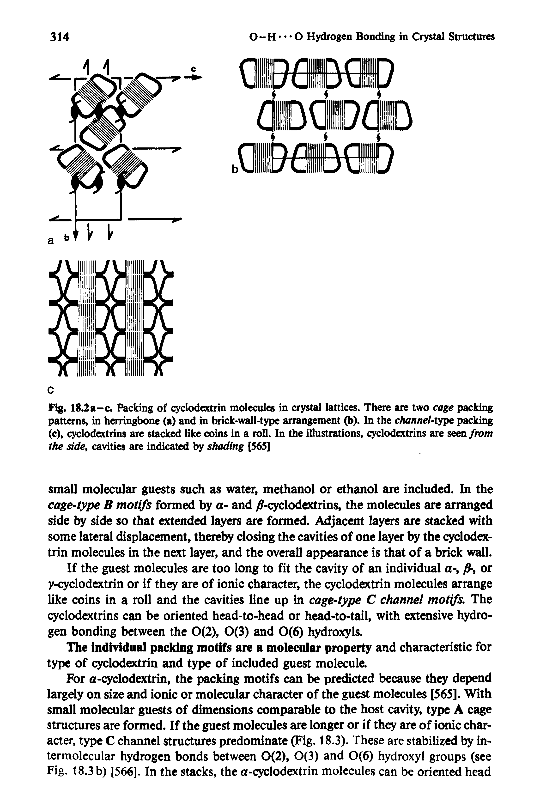 Fig. I8.2a-c. Packing of cyclodextrin molecules in crystal lattices. There are two cage packing patterns, in herringbone (a) and in brick-wall-type arrangement (b). In the channel-type packing (c), cyclodextrins are stacked like coins in a roll. In the illustrations, cyclodextrins are seen from the side, cavities are indicated by shading [S6S]...