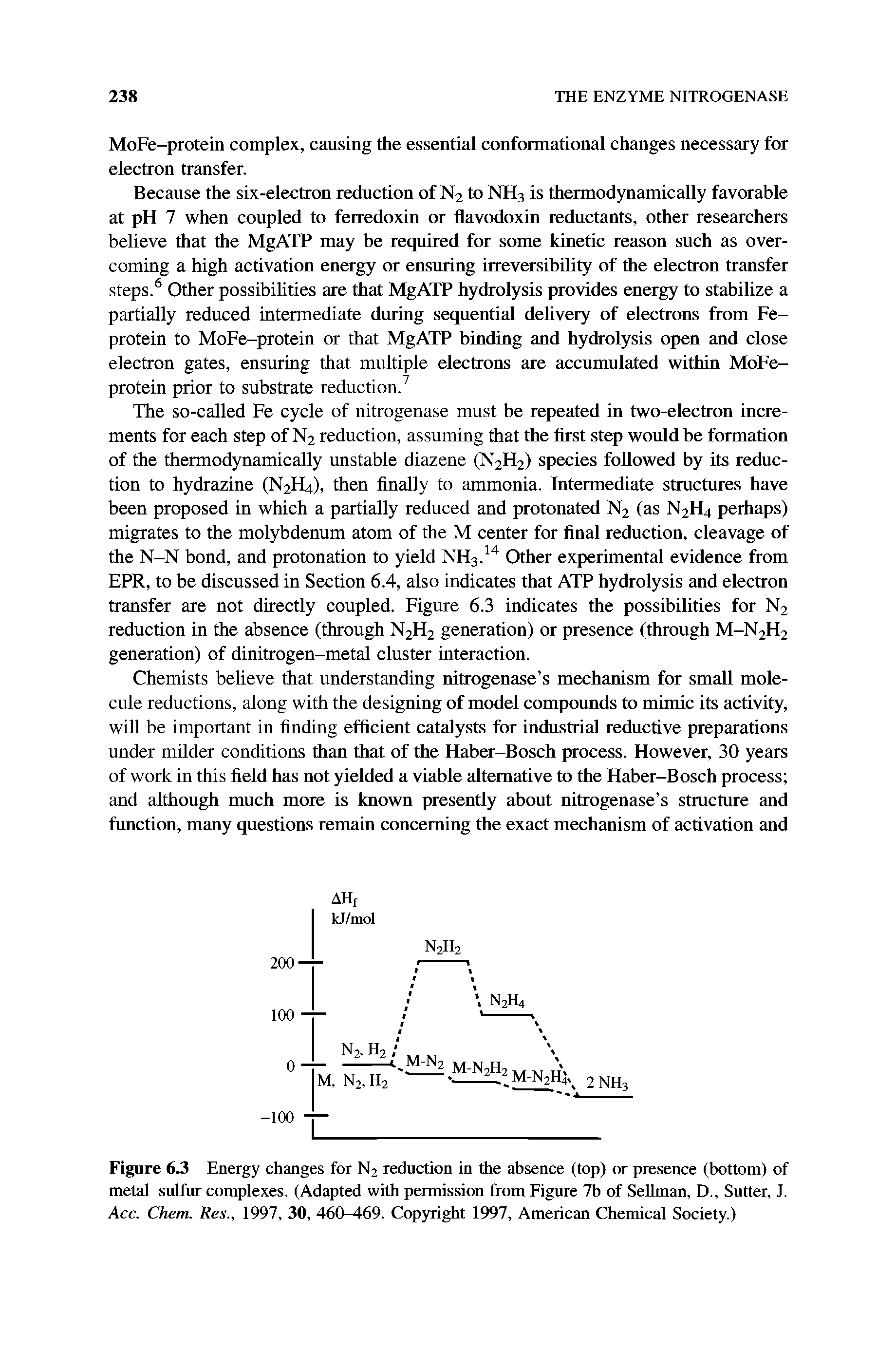 Figure 6.3 Energy changes for N2 reduction in the absence (top) or presence (bottom) of metal-sulfur complexes. (Adapted with permission from Figure 7b of Sellman, D., Sutter, J. Acc. Chem. Res., 1997, 30, 460-469. Copyright 1997, American Chemical Society.)...