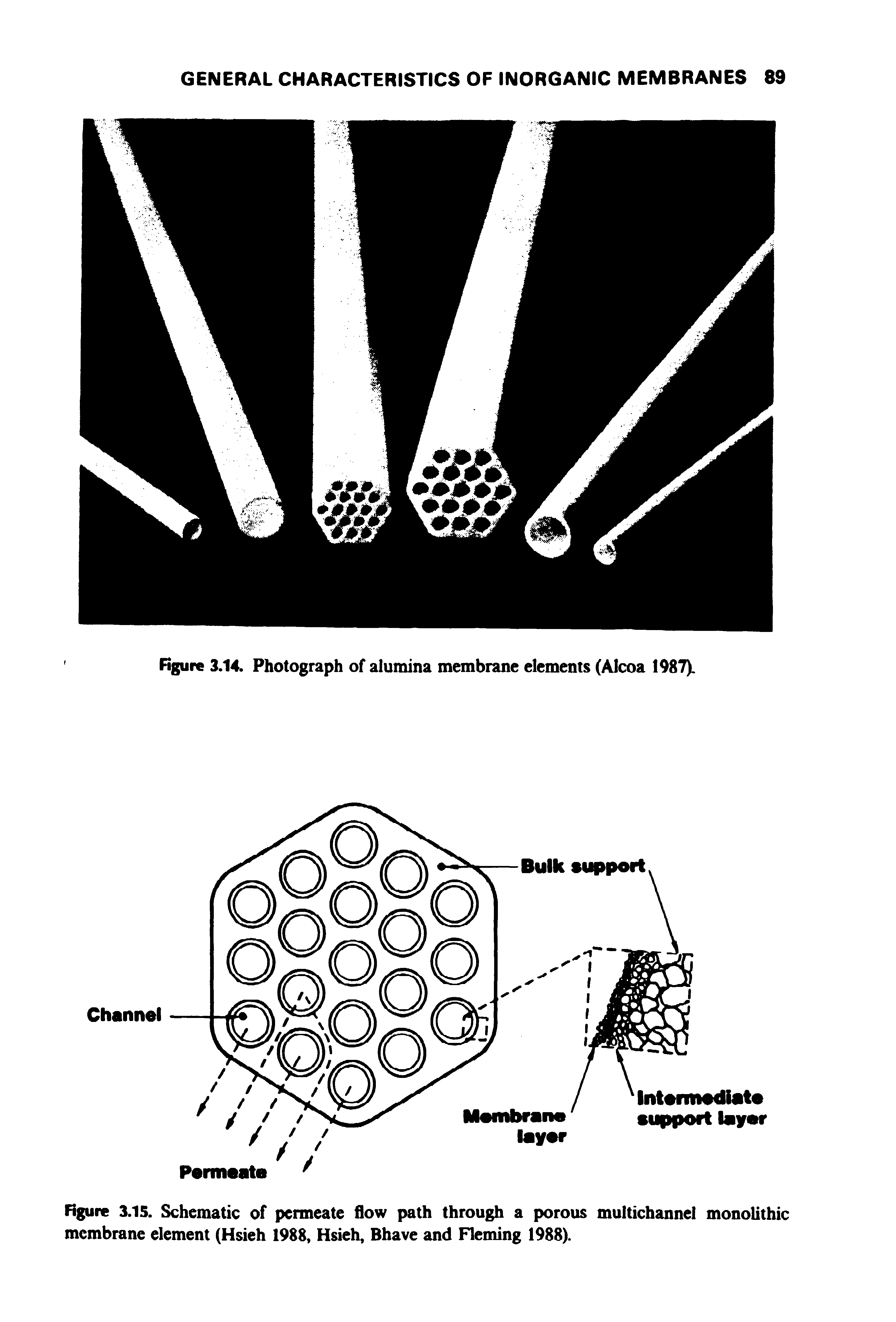 Figure 3.15. Schematic of permeate flow path through a porous multichannel monolithic membrane element (Hsieh 1988, Hsieh, Bhave and Fleming 1988).