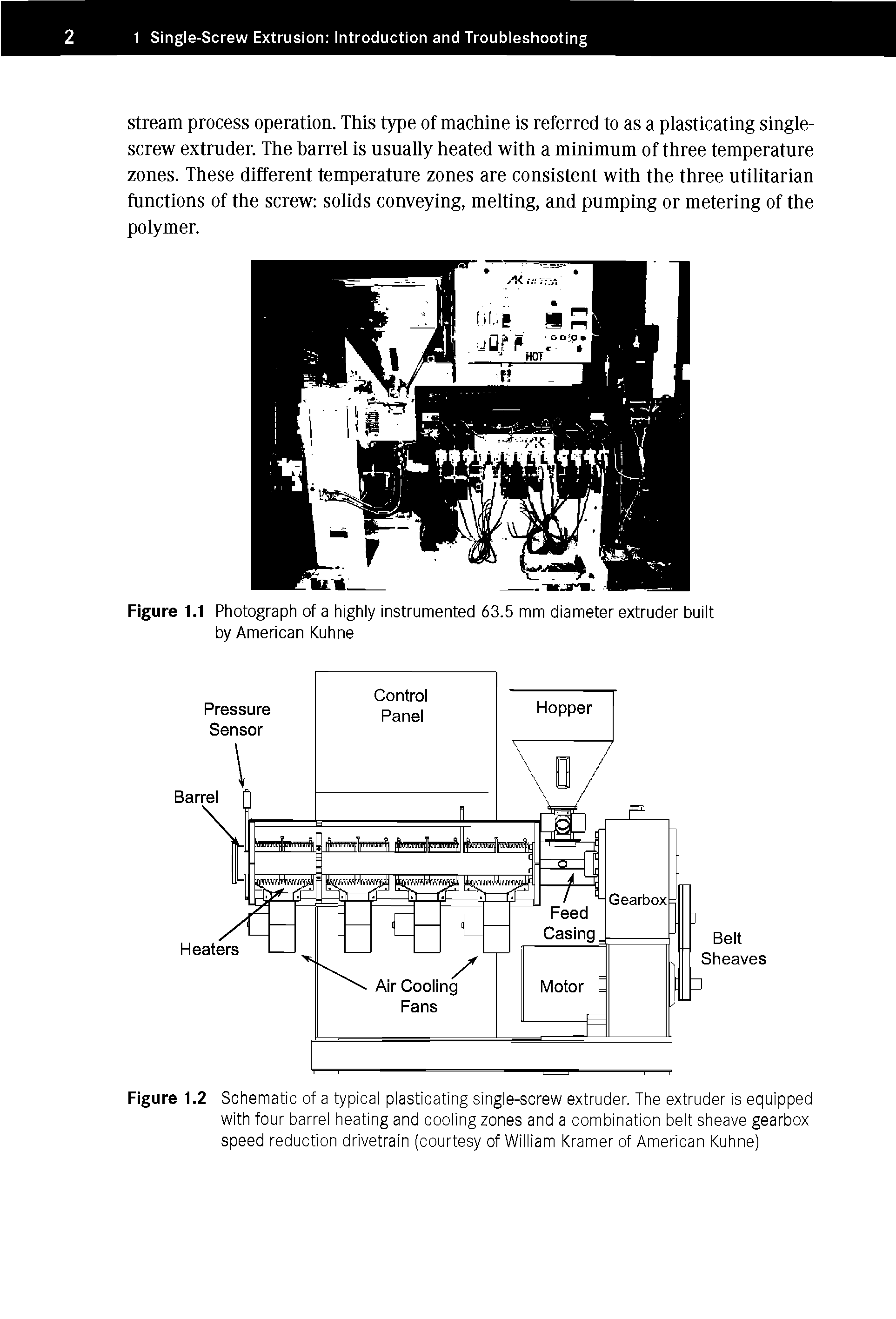 Figure 1.2 Schematic of a typical plasticating single-screw extruder. The extruder is equipped with four barrel heating and cooling zones and a combination belt sheave gearbox speed reduction drivetrain (courtesy of William Kramer of American Kuhne)...