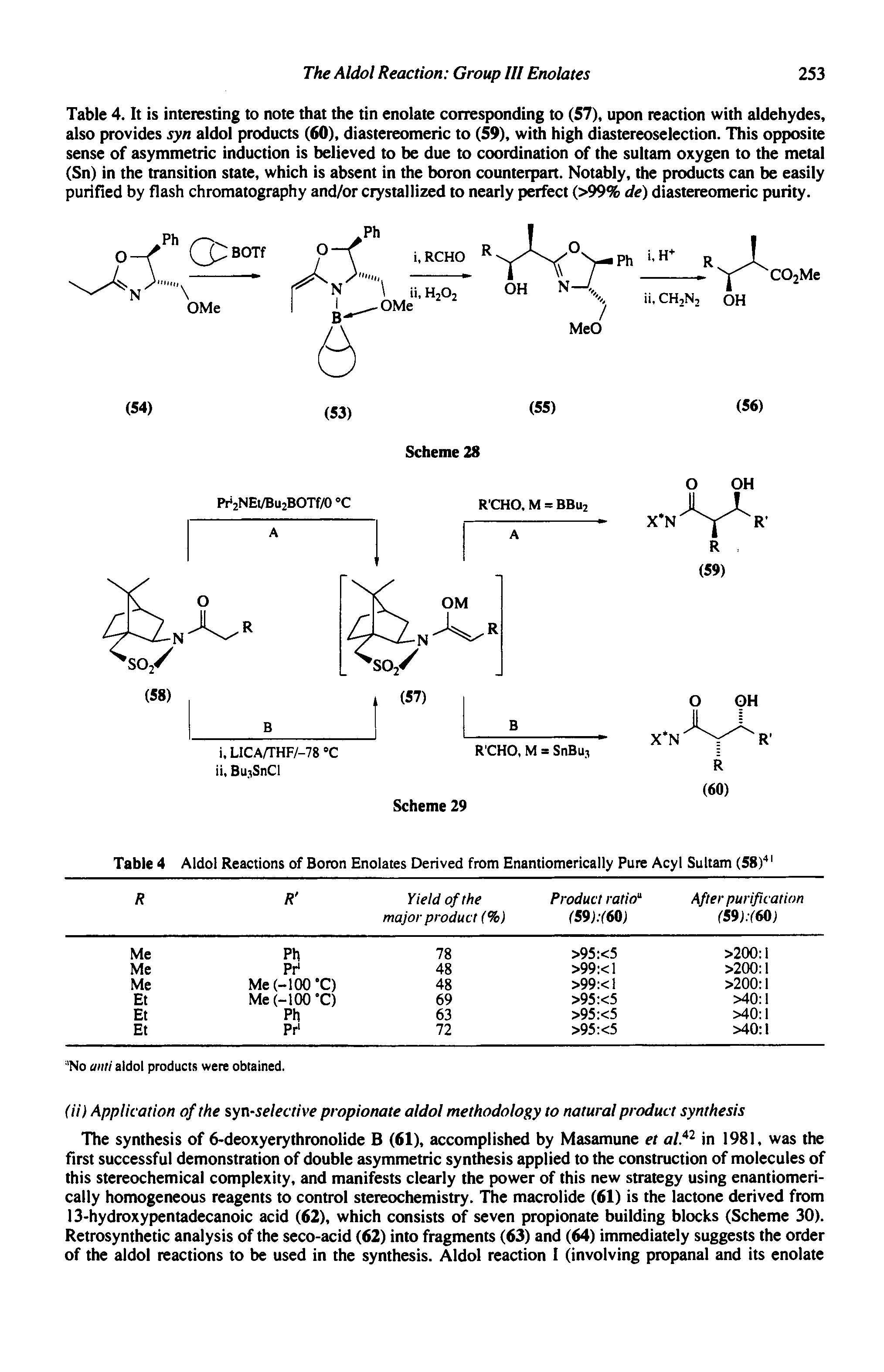 Table 4. It is interesting to note that the tin enolate corresponding to (57), upon reaction with aldehydes, also provides syn aldol products (60), diastereomeric to (59), with high diastereoselection. This opposite sense of asymmetric induction is believed to be due to coordination of the sultam oxygen to the metal (Sn) in the transition state, which is absent in the boron counterpart. Notably, the products can be easily purified by flash chromatography and/or crystallized to nearly perfect (>99% de) diastereomeric purity.