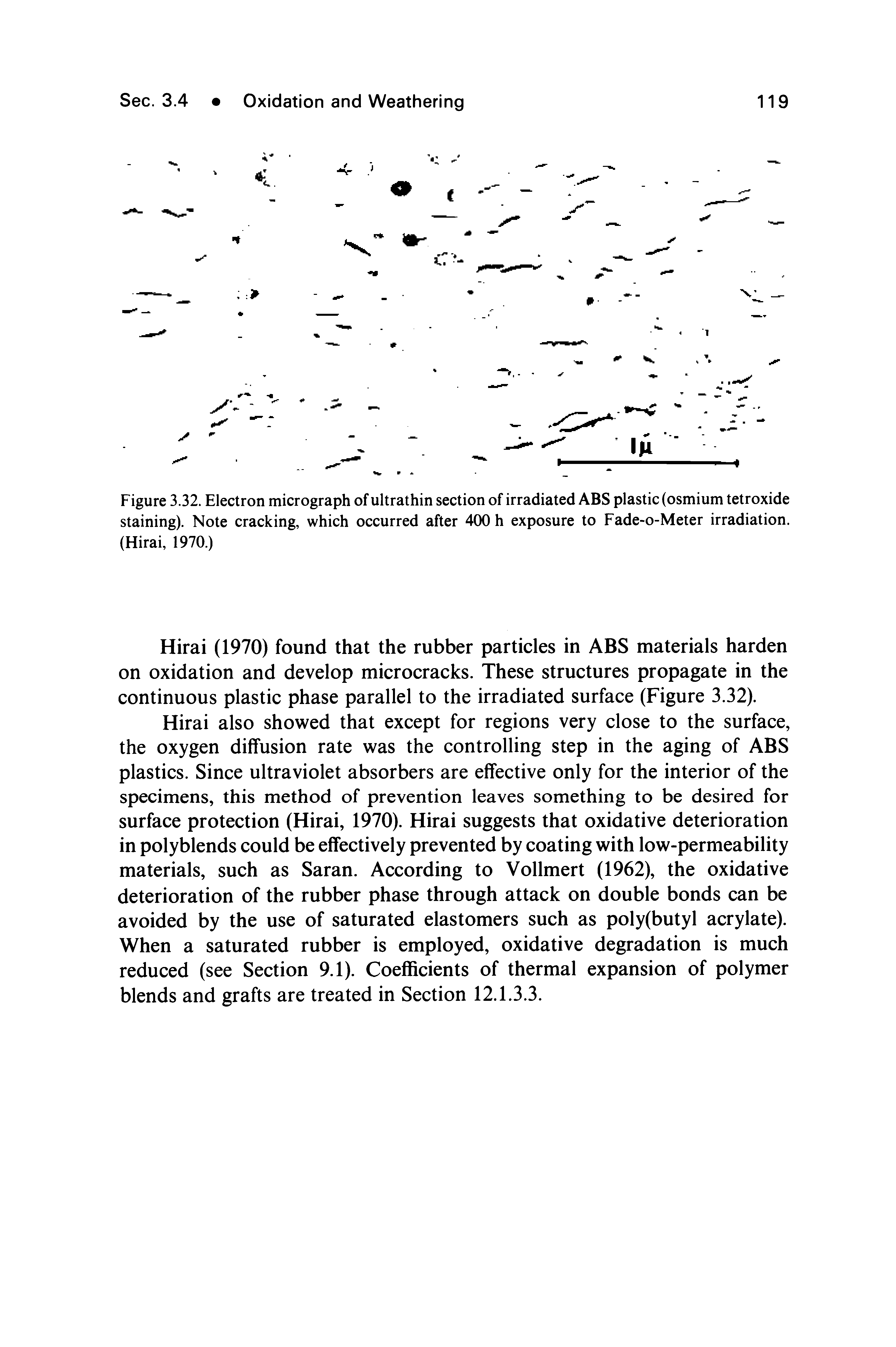 Figure 3.32. Electron micrograph of ultrathin section of irradiated ABS plastic (osmium tetroxide staining). Note cracking, which occurred after 400 h exposure to Fade-o-Meter irradiation. (Hirai, 1970.)...