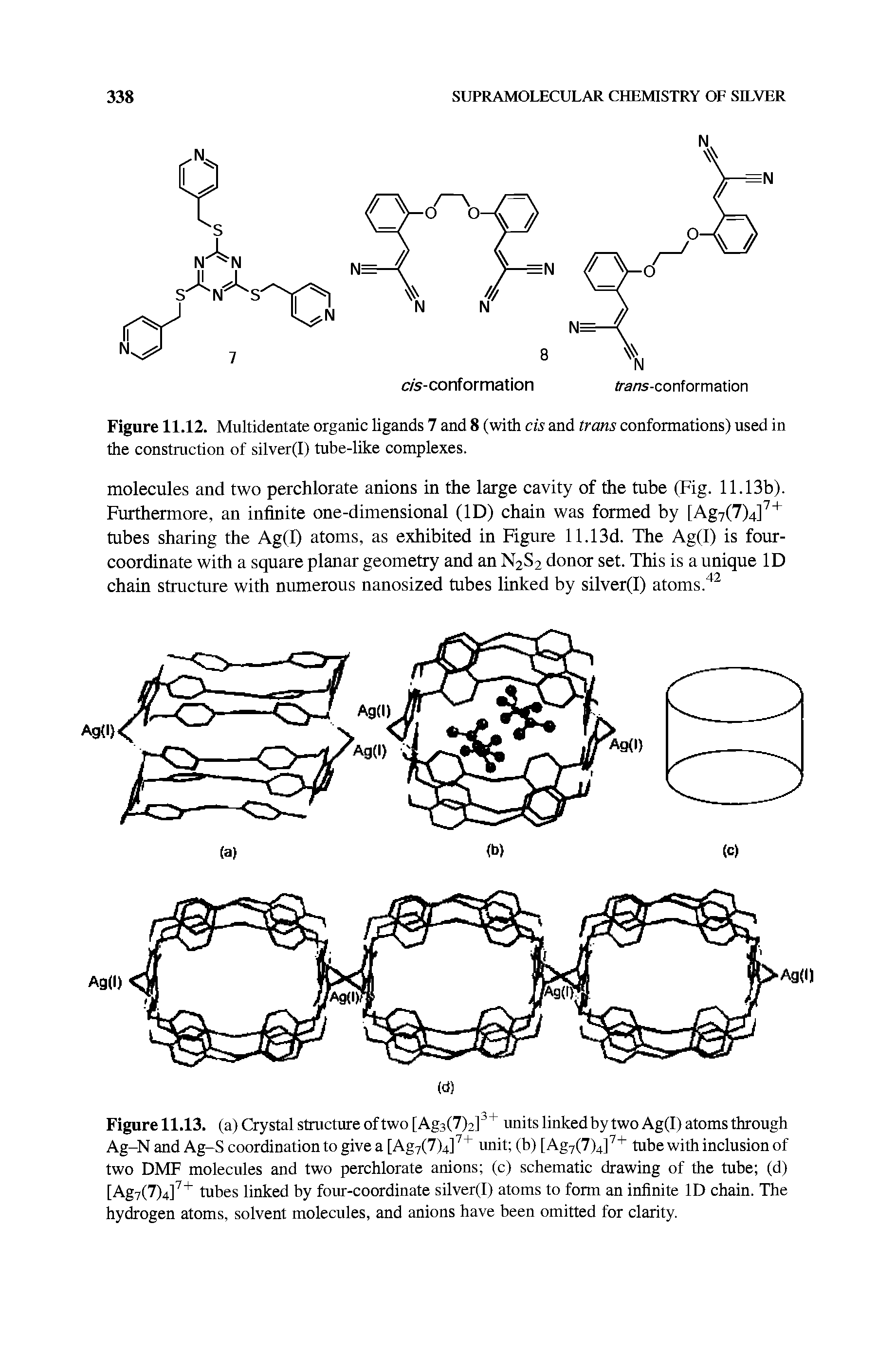 Figure 11.12. Multidentate organic ligands 7 and 8 (with cis and trans conformations) used in the construction of silver(I) tube-like complexes.