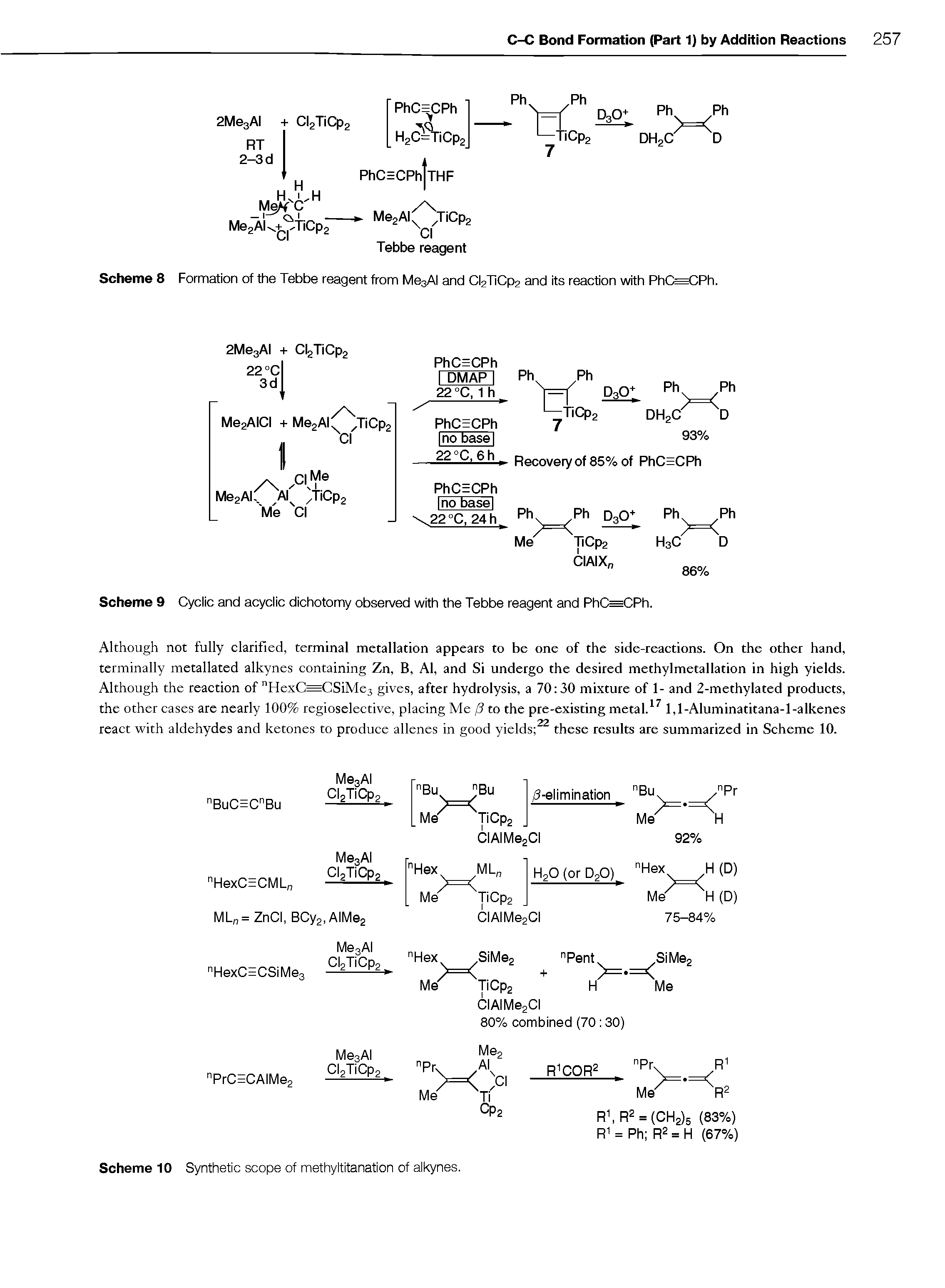 Scheme 8 Formation of the Tebbe reagent from MesAI and CI2TiCp2 and its reaction with PhCECPh.