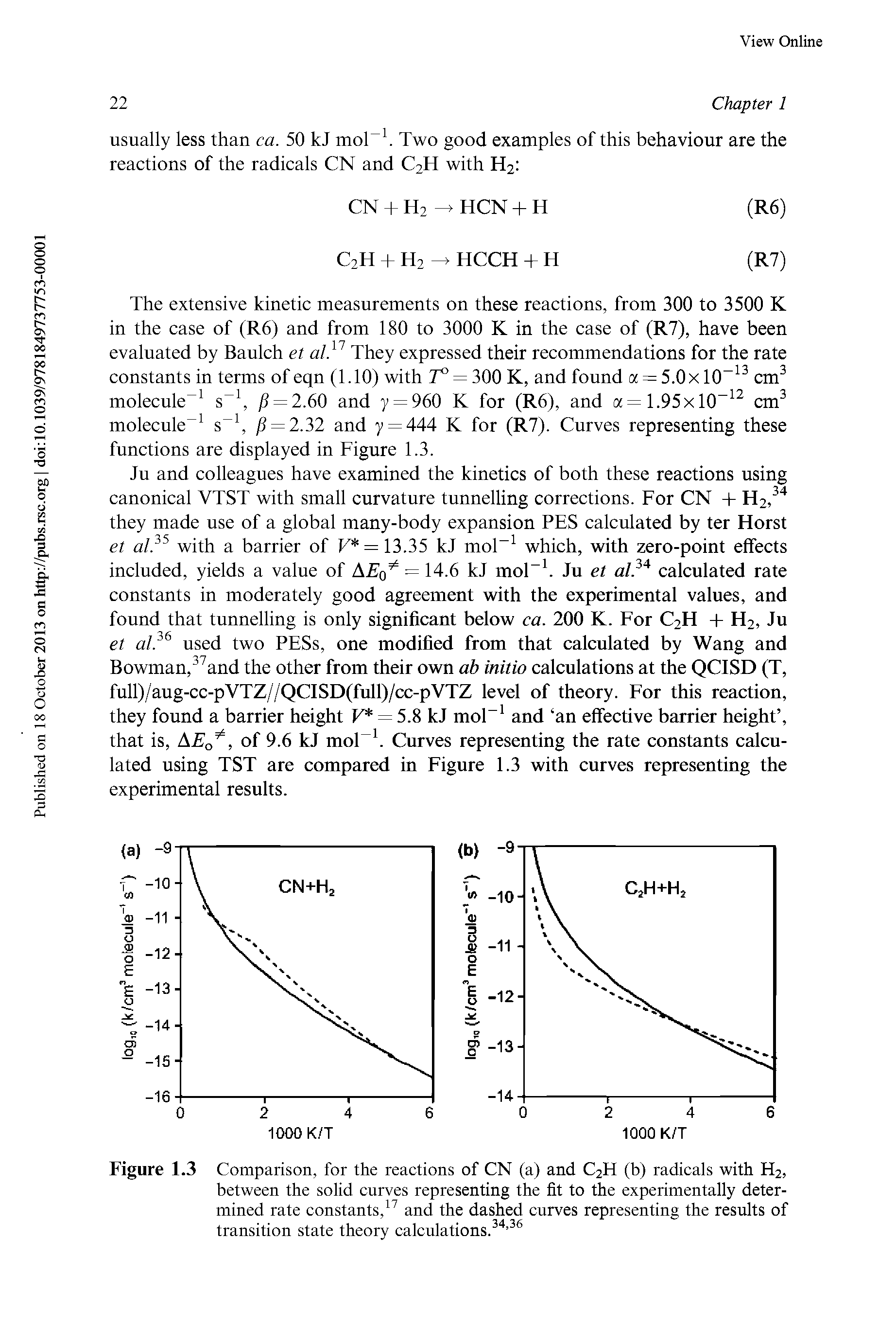 Figure 1.3 Comparison, for the reactions of CN (a) and C2H (b) radicals with H2, between the solid curves representing the fit to the experimentally determined rate constants,and the dashed curves representing the results of transition state theory calculations. " ...