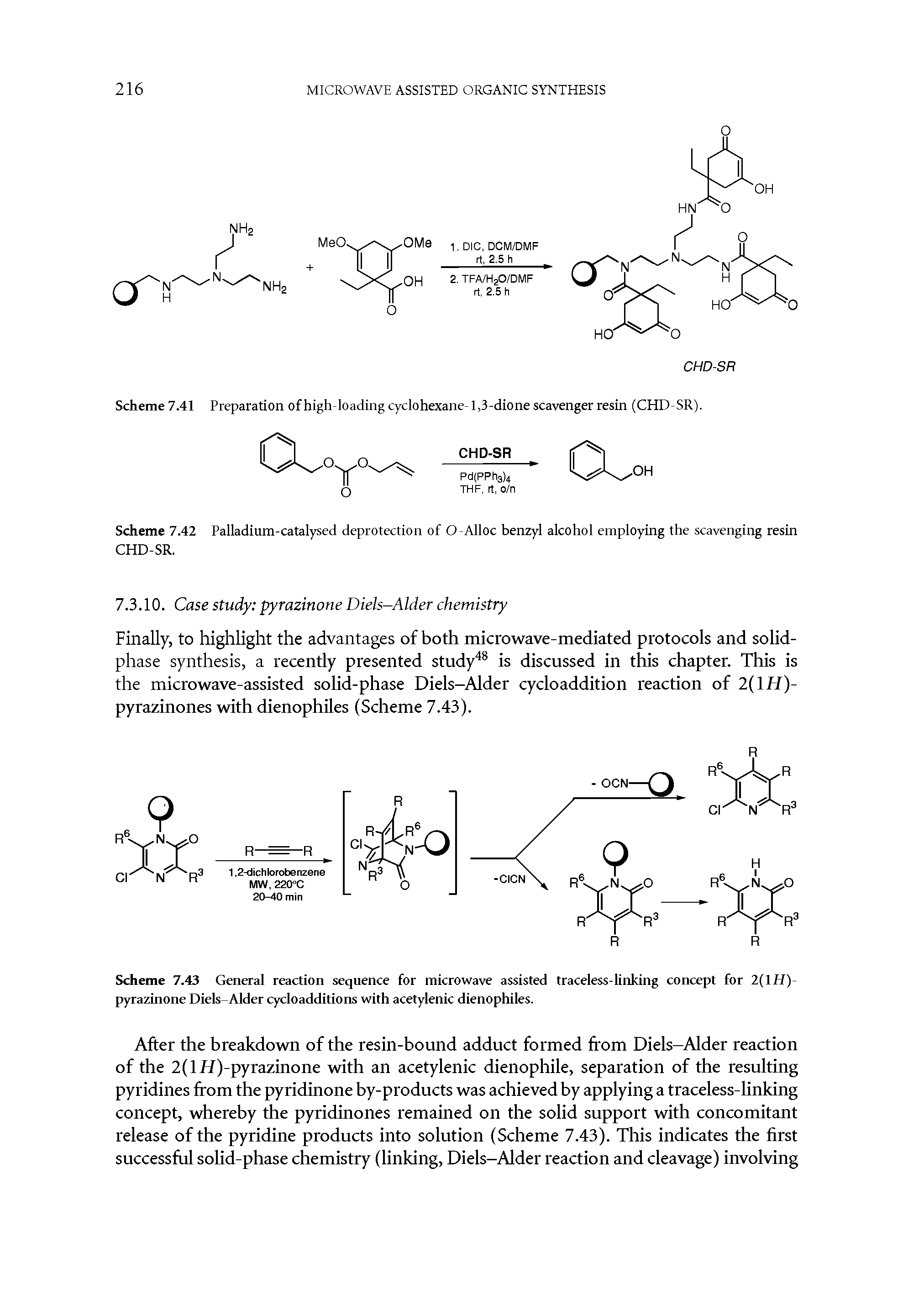 Scheme 7.43 General reaction sequence for microwave assisted traceless-linking concept for 2(liT)-pyrazinone Diels-Alder cycloadditions with acetylenic dienophiles.
