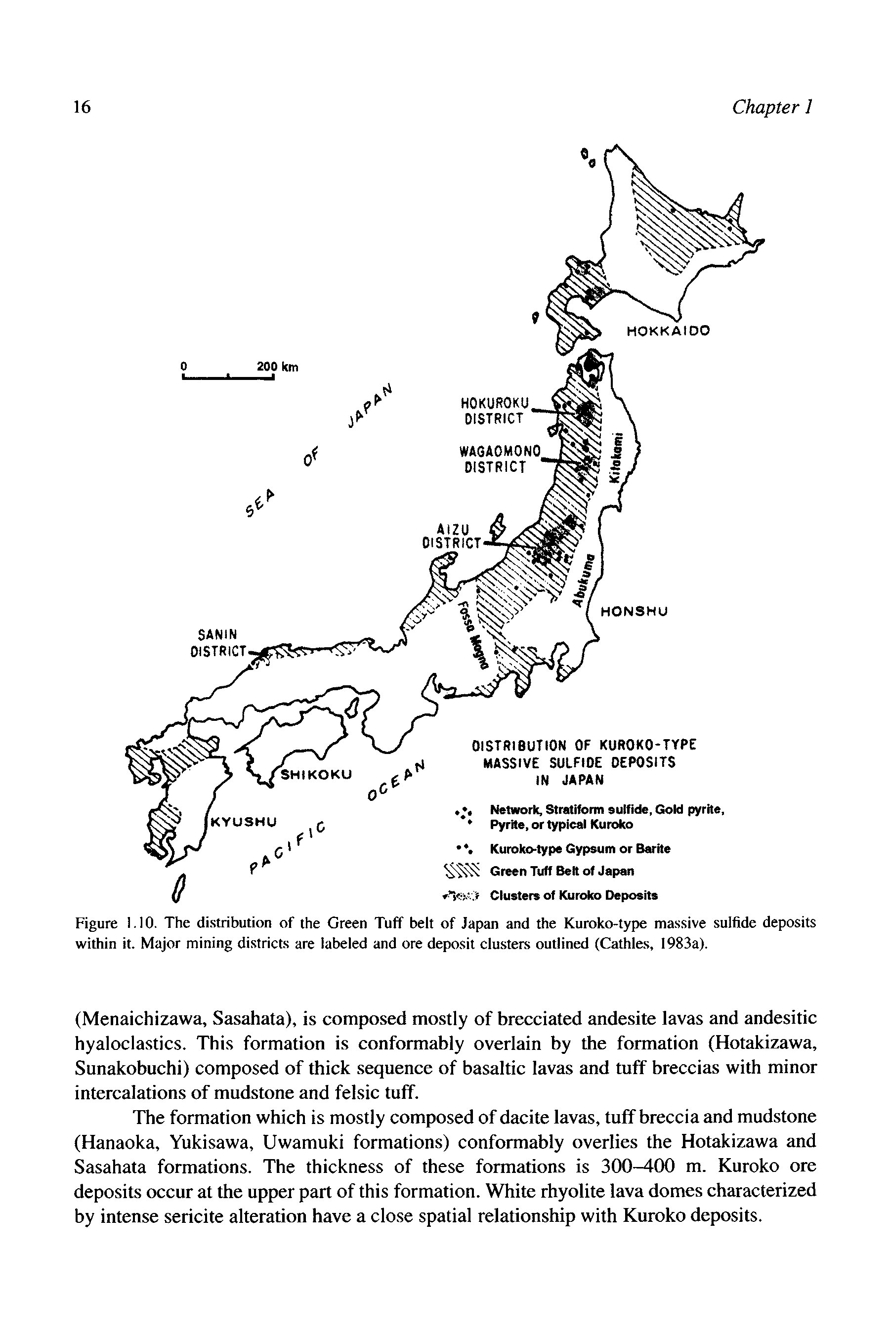 Figure 1.10. The distribution of the Green Tuff belt of Japan and the Kuroko-type massive sulfide deposits within it. Major mining districts are labeled and ore deposit clusters outlined (Cathles, 1983a).