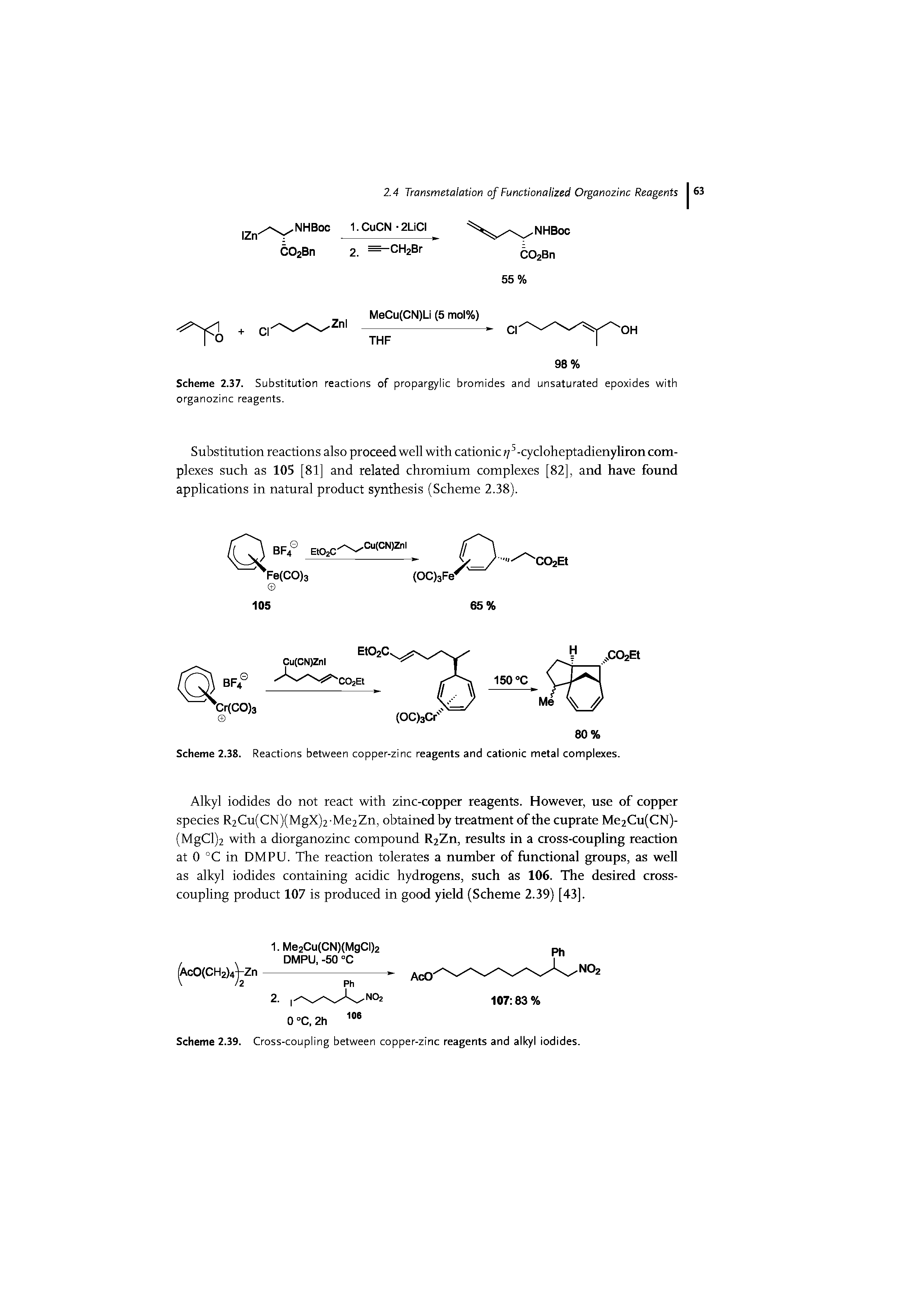 Scheme 2.37. Substitution reactions of propargylic bromides and unsaturated epoxides with organozinc reagents.