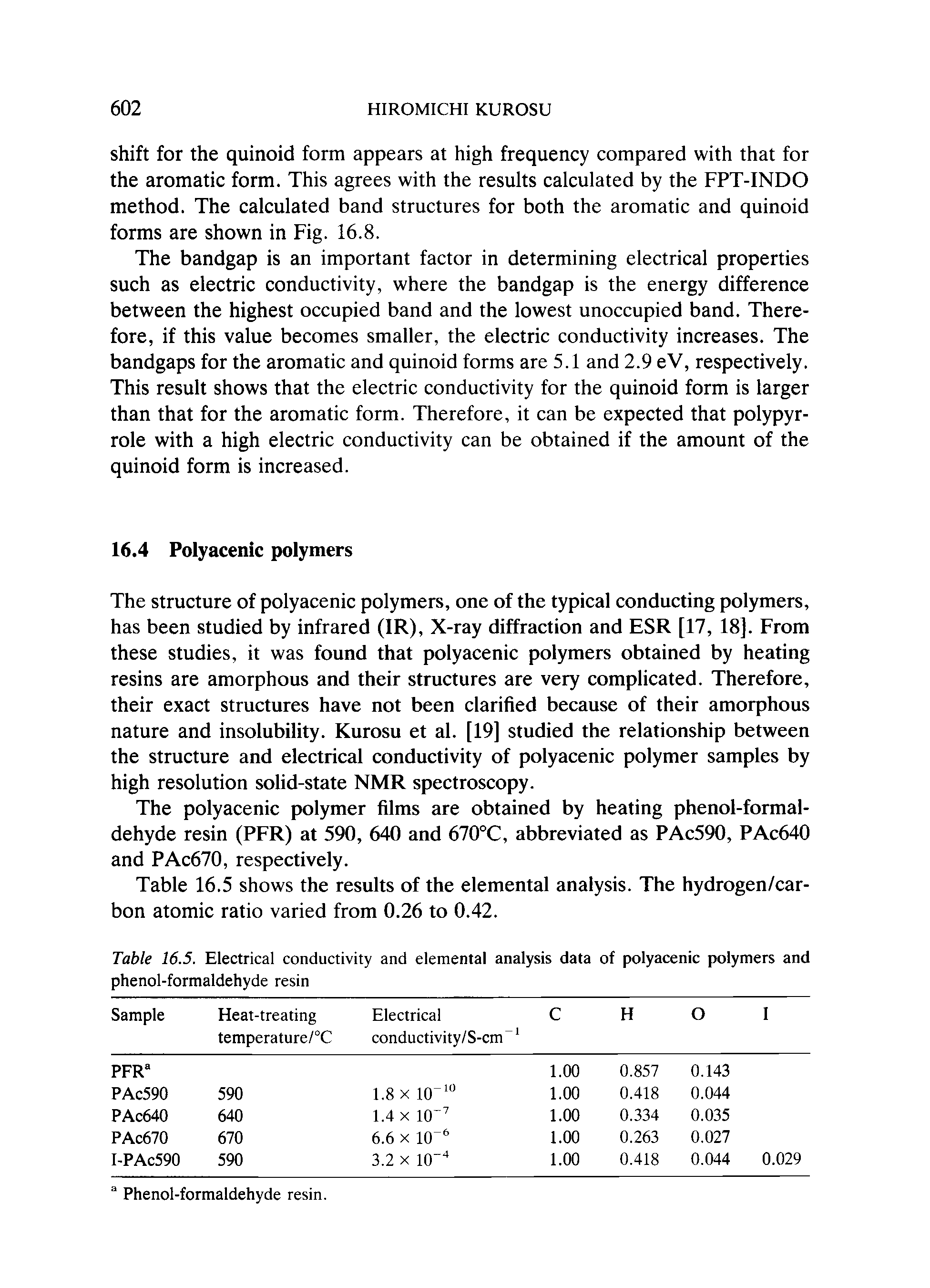 Table 16.5. Electrical conductivity and elemental analysis data of polyacenic polymers and phenol-formaldehyde resin...