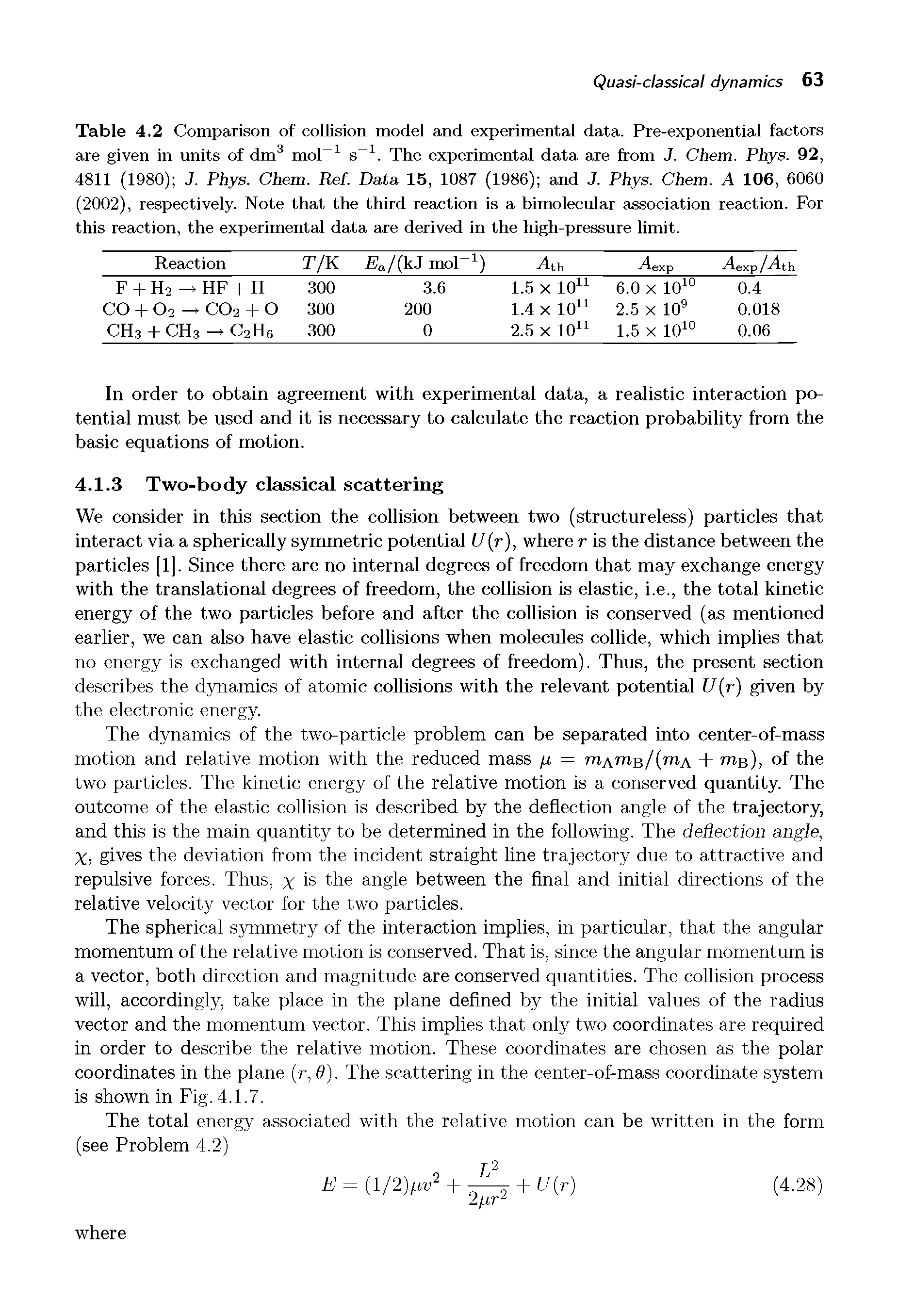 Table 4.2 Comparison of collision model and experimental data. Pre-exponential factors are given in units of dm3 mol-1 s 1. The experimental data are from J. Chem. Phys. 92, 4811 (1980) J. Phys. Chem. Ref. Data 15, 1087 (1986) and J. Phys. Chem. A 106, 6060 (2002), respectively. Note that the third reaction is a bimolecular association reaction. For this reaction, the experimental data are derived in the high-pressure limit.