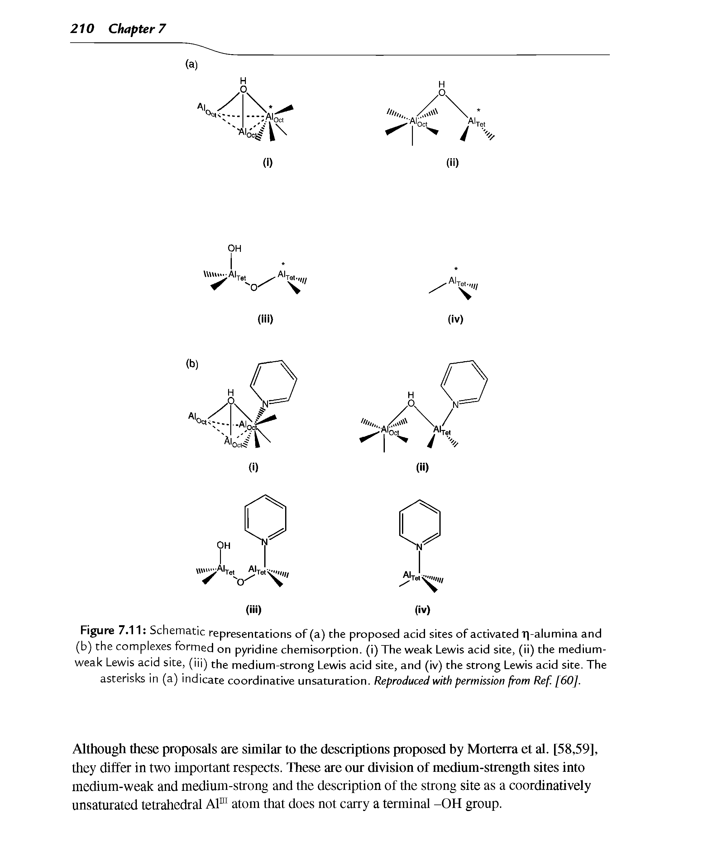 Figure 7.11 Schematic representations of (a) the proposed acid sites of activated T -alumina and (b) the complexes formed on pyridine chemisorption, (i) The weak Lewis acid site, (ii) the medium-weak Lewis acid site, (iii) the medium-strong Lewis acid site, and (iv) the strong Lewis acid site. The asterisks in (a) indicate coordinative unsaturation. Reproduced with permission from Ref. [60].