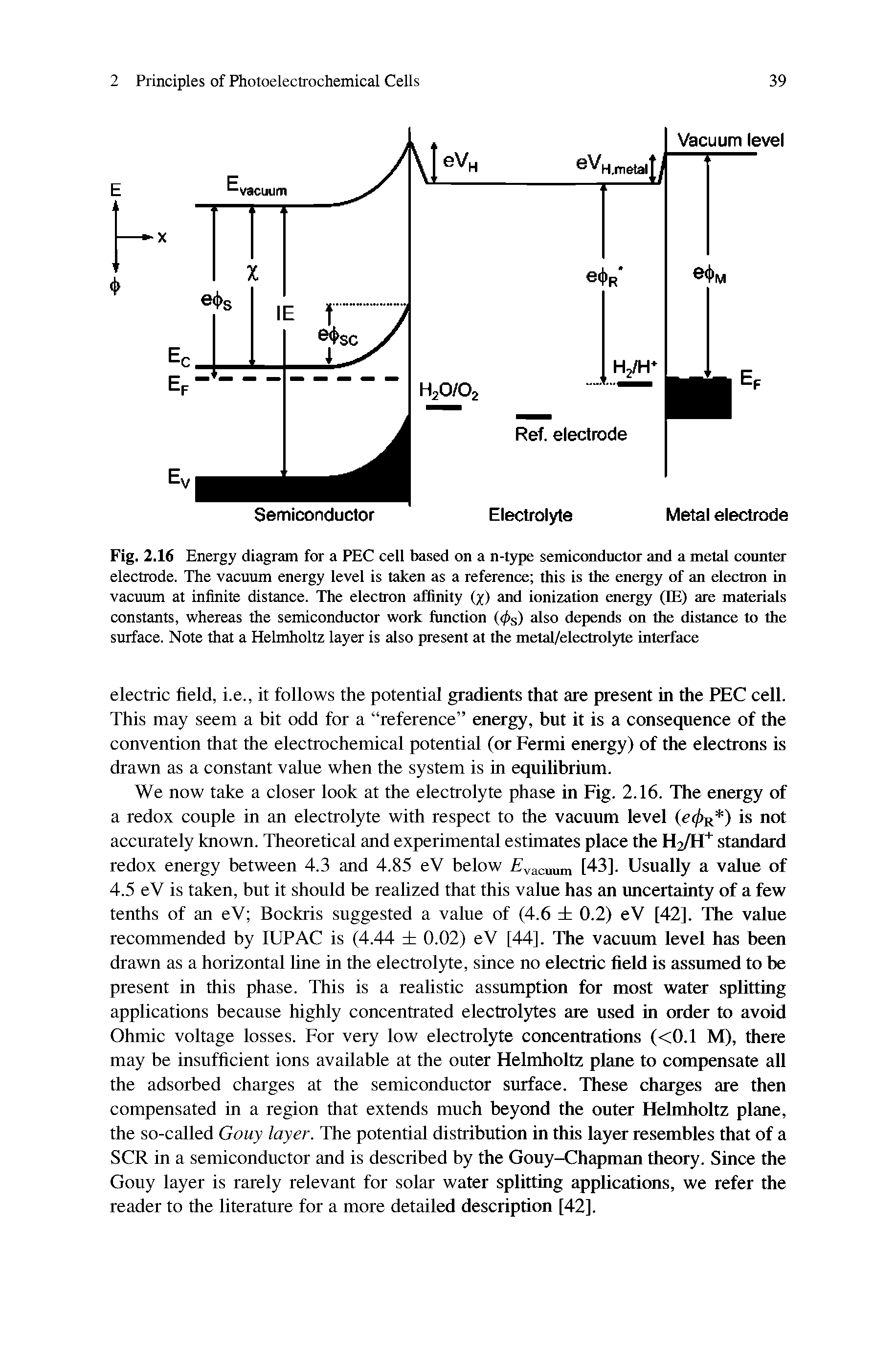 Fig. 2.16 Energy diagram for a PEC cell based on a n-type semicondnctor and a metal counter electrode. The vacuum energy level is taken as a reference this is the energy of an electron in vacuum at infinite distance. The electron affinity (y) and ionization oiergy (EE) are materials constants, whereas the semiconductor work function (< s) depends on the distance to the surface. Note that a Helmholtz layer is also present at the metal/electrolyte interface...