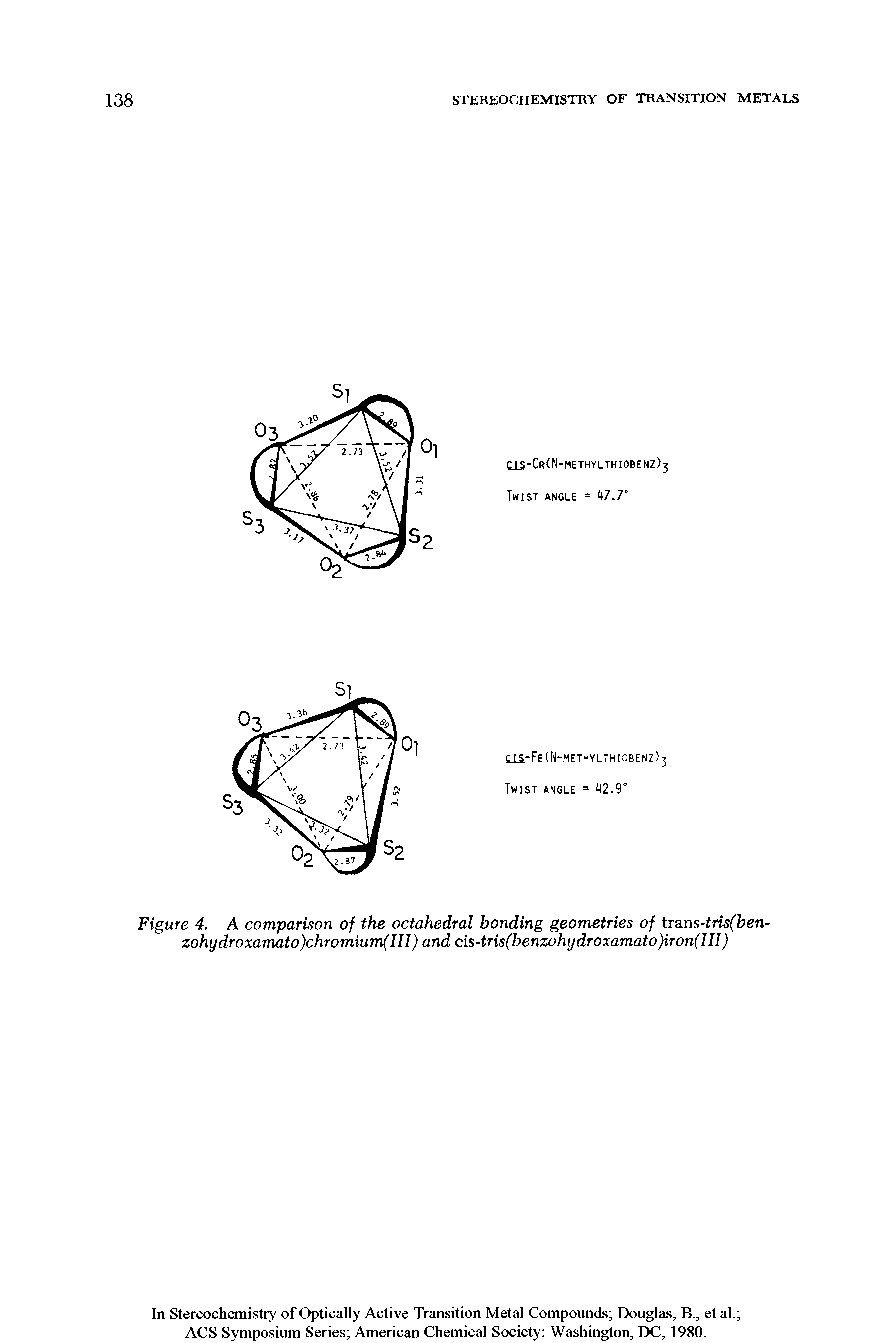 Figure 4. A comparison of the octahedral bonding geometries of trans-tris(ben-zohydroxamato)chromium(III) and cis-tris(benzohydroxamato)iron(IH)...