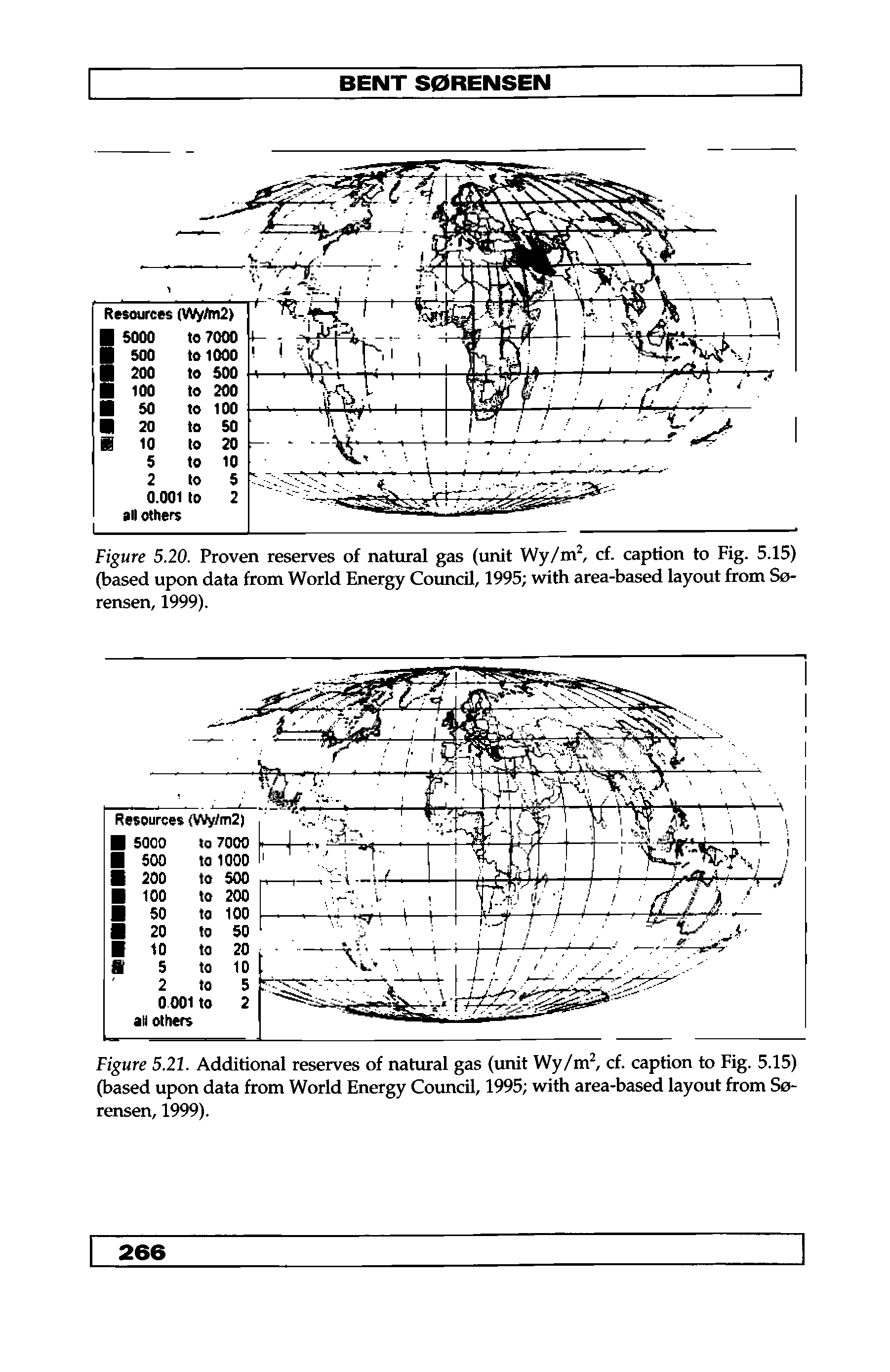 Figure 5.20. Proven reserves of natural gas (unit Wy/m cf. caption to Fig. 5.15) (based upon data from World Energy Coimdl, 1995 with area-based layout from Sorensen, 1999).