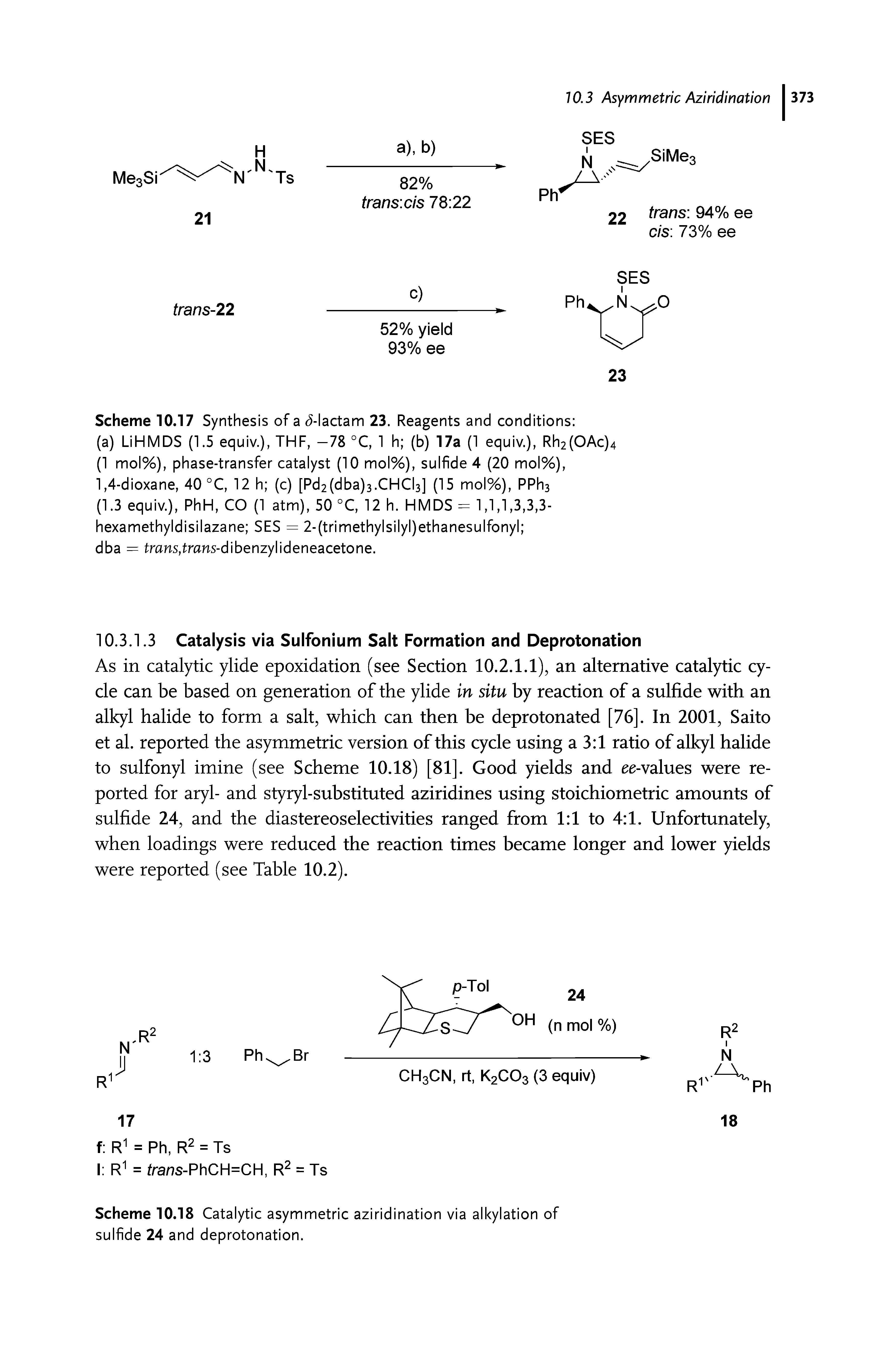 Scheme 10.18 Catalytic asymmetric aziridination via alkylation of sulfide 24 and deprotonation.