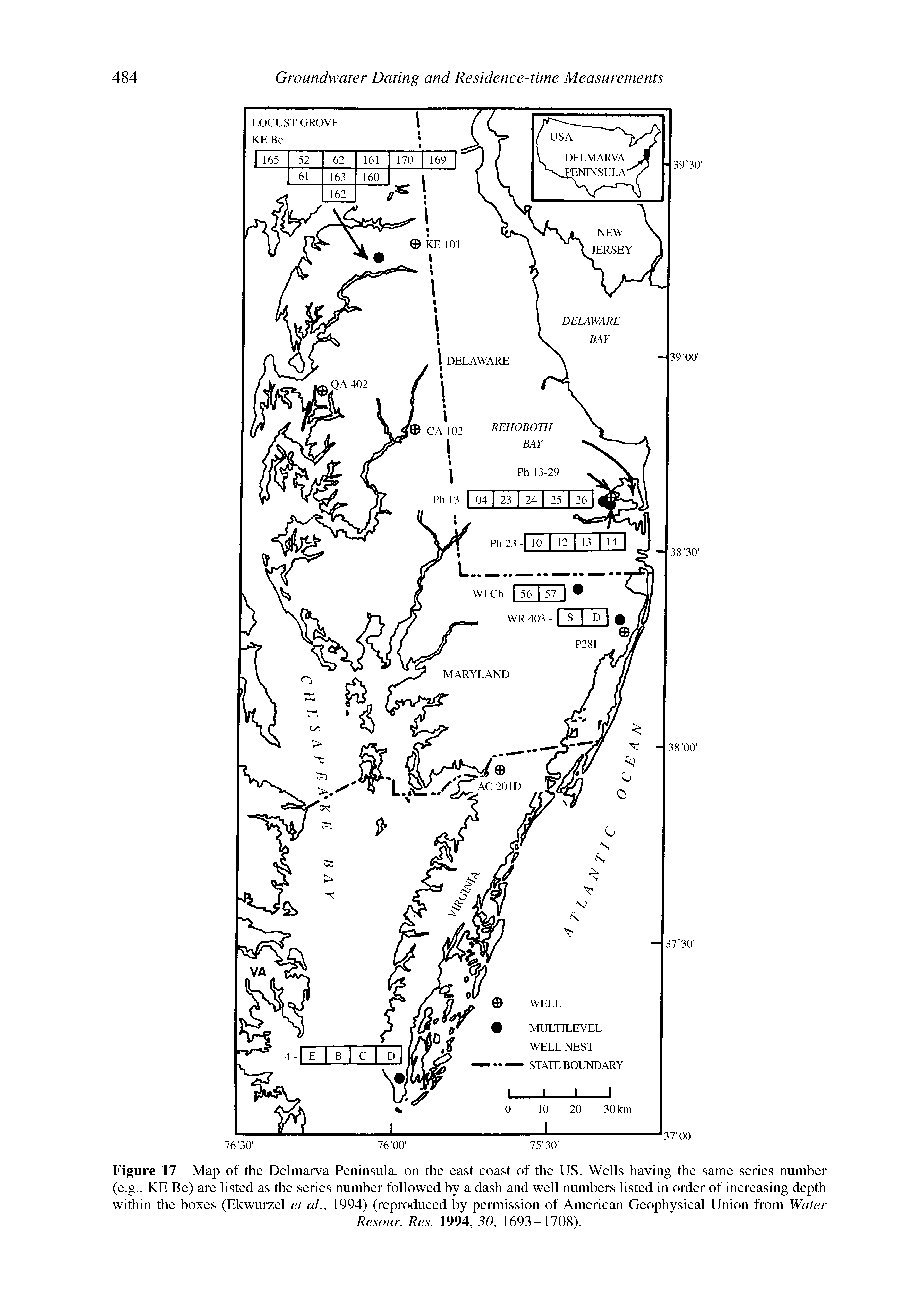 Figure 17 Map of the Delmarva Peninsula, on the east coast of the US. Wells having the same series number (e.g., KE Be) are listed as the series number followed by a dash and well numbers listed in order of increasing depth within the boxes (Ekwurzel et aL, 1994) (reproduced by permission of American Geophysical Union from Water...