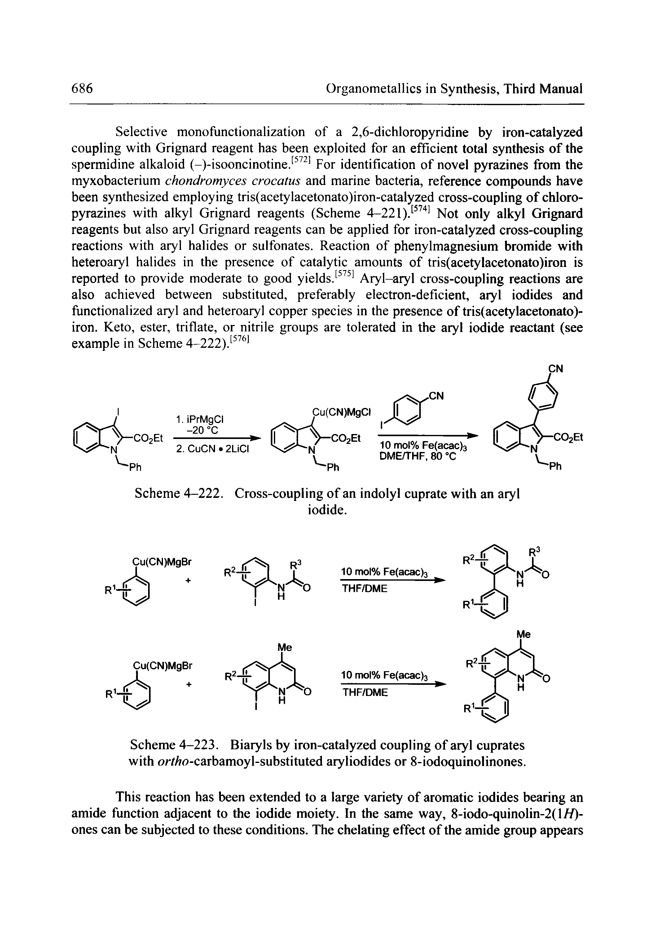 Scheme 4-223. Biaryls by iron-catalyzed coupling of aryl cuprates with or// o-carbamoyl-substituted aryliodides or 8-iodoquinolinones.