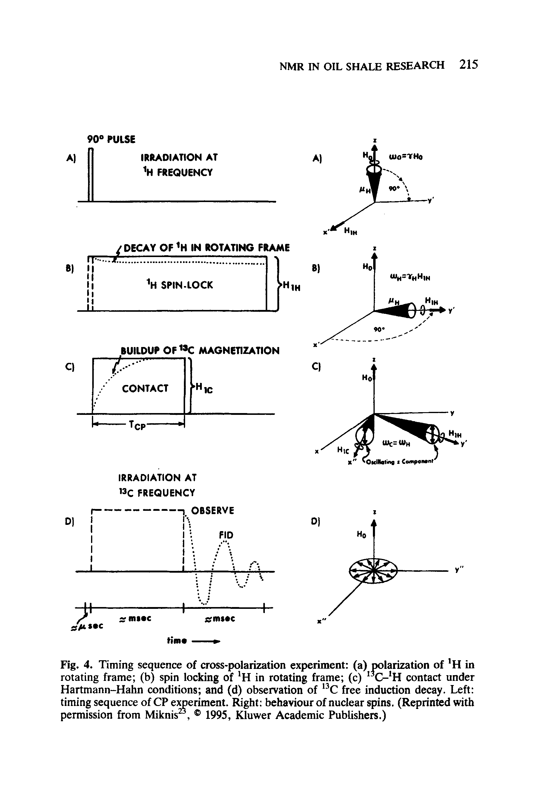 Fig. 4. Timing sequence of cross-polarization experiment (a) polarization of H in rotating frame (b) spin locking of in rotating frame (c) "C- H contact under Hartmann-Hahn conditions and (d) observation of free induction decay. Left timing sequence of CP experiment. Right behaviour of nuclear spins. (Reprinted with permission from Miknis , 1995, Kluwer Academic Publishers.)...