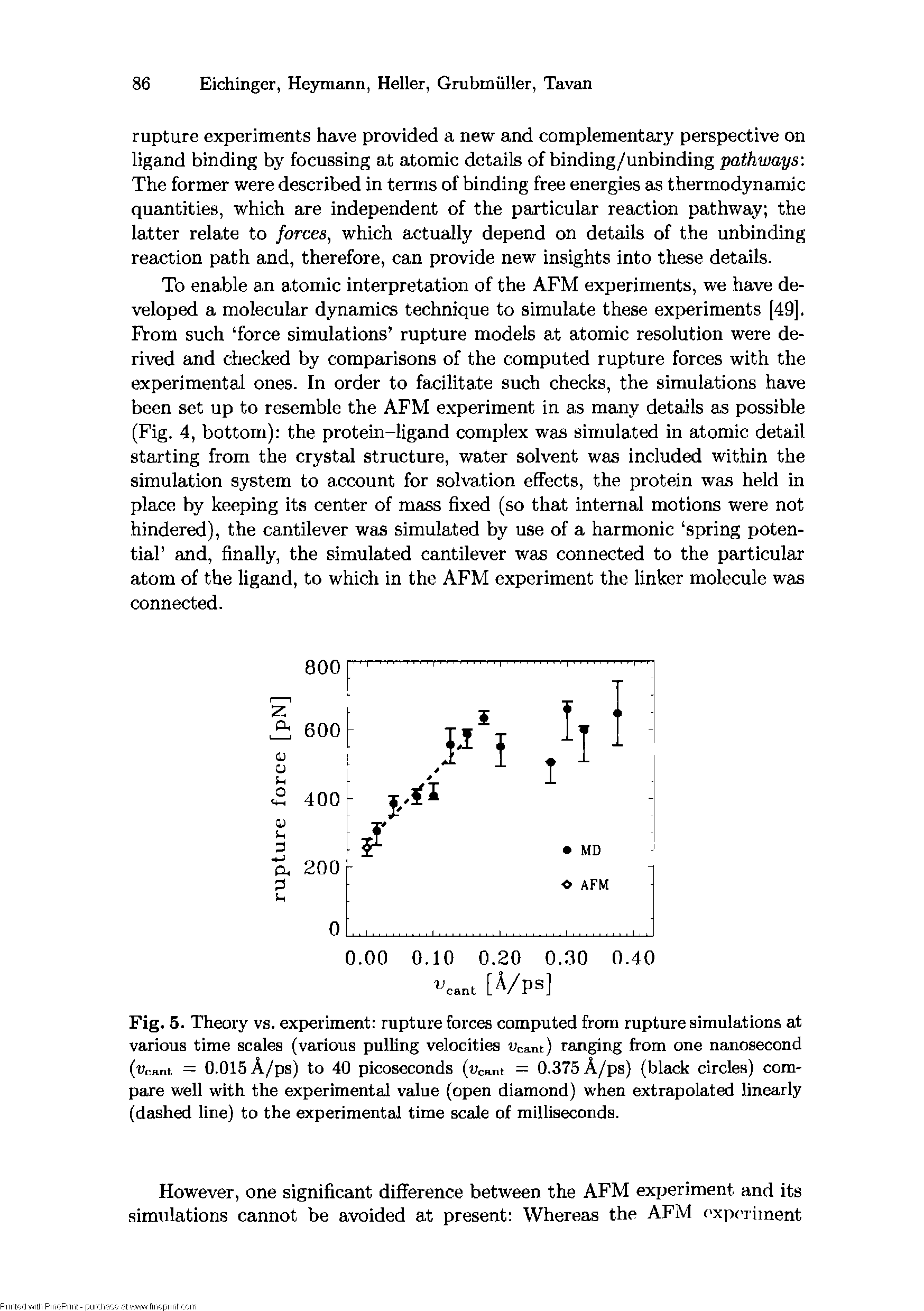 Fig. 5. Theory vs. experiment rupture forces computed from rupture simulations at various time scales (various pulling velocities Vcant) ranging from one nanosecond (vcant = 0.015 A/ps) to 40 picoscconds (vcant = 0.375 A/ps) (black circles) compare well with the experimental value (open diamond) when extrapolated linearly (dashed line) to the experimental time scale of milliseconds.