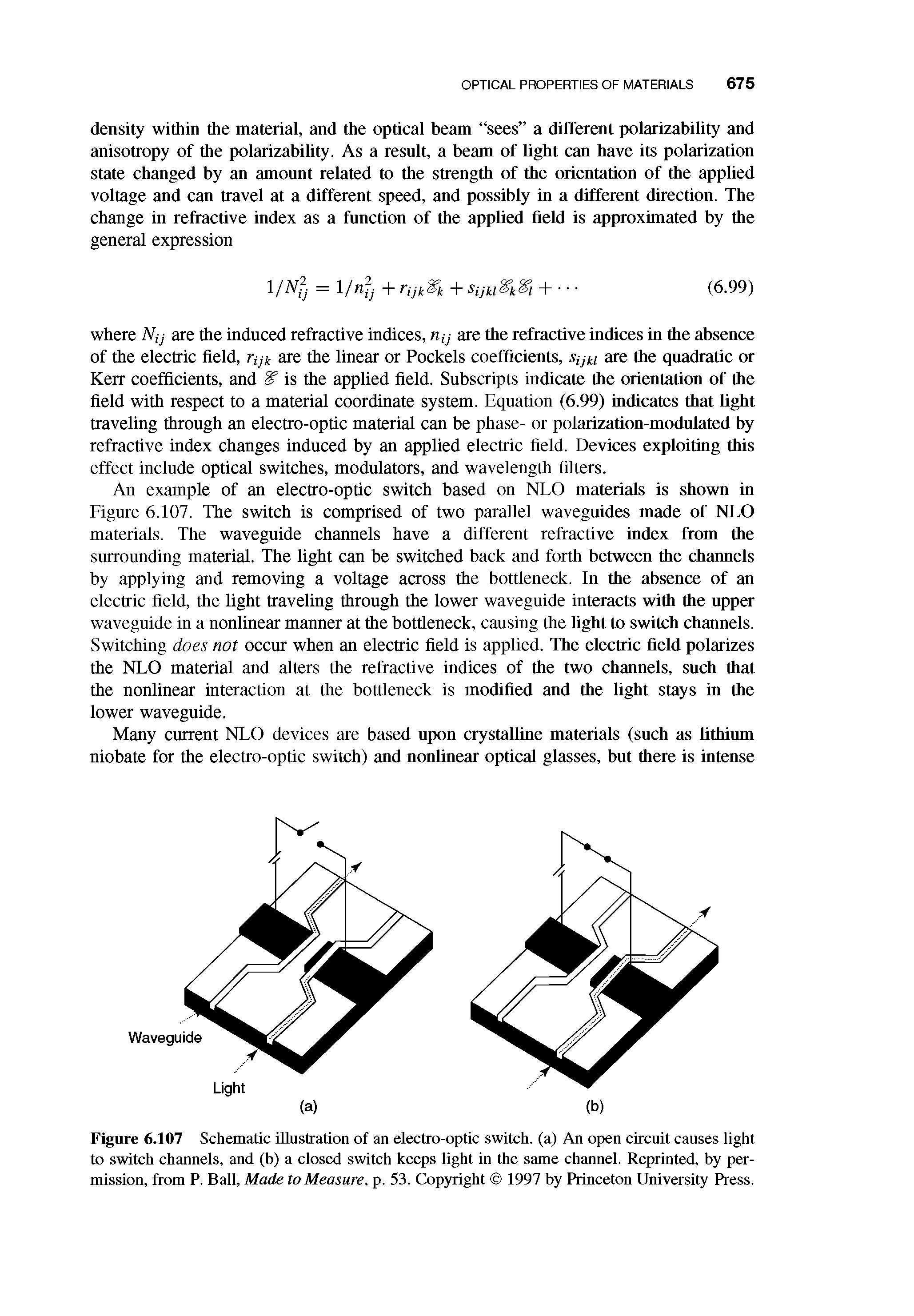 Figure 6.107 Schematic illustration of an electro-optic switch, (a) An open circuit causes light to switch channels, and (b) a closed switch keeps light in the same channel. Reprinted, by permission, from P. Ball, Made to Measure, p. 53. Copyright 1997 by Princeton University Press.