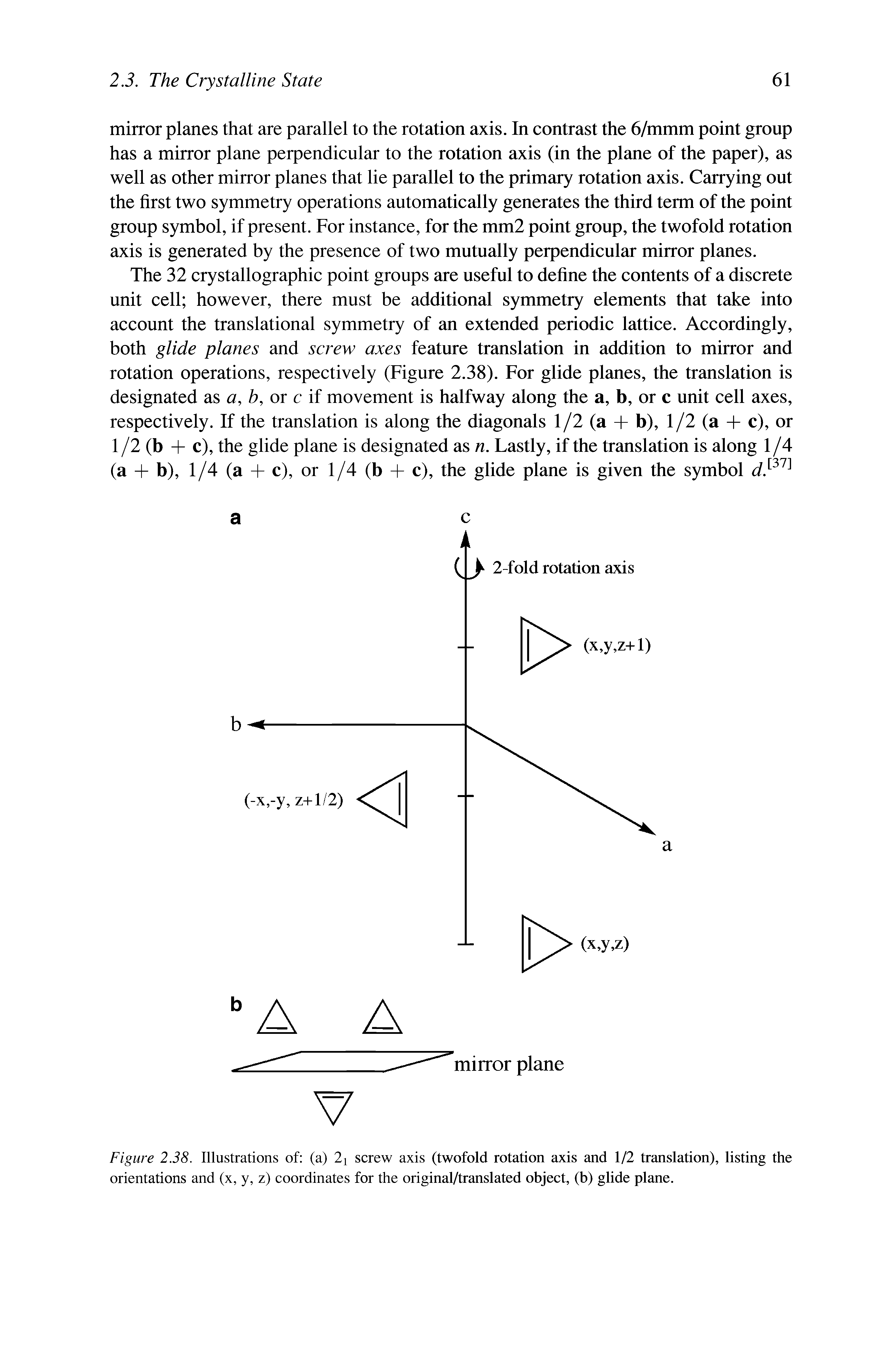 Figure 238. Illustrations of (a) 2i screw axis (twofold rotation axis and 1/2 translation), listing the orientations and (x, y, z) coordinates for the original/translated object, (b) glide plane.