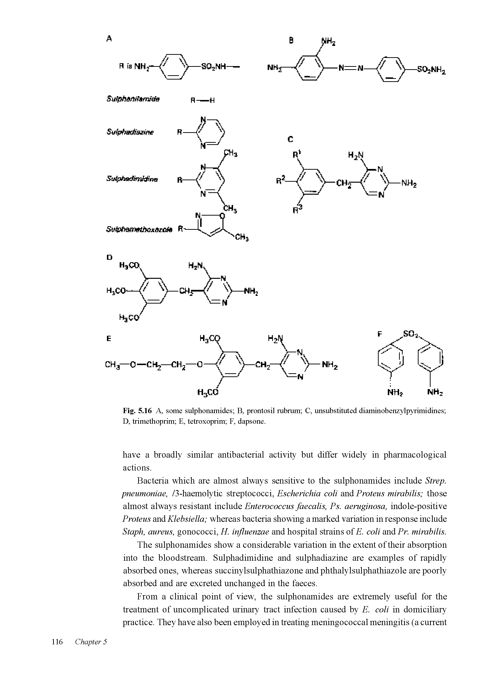 Fig. 5.16 A, some sulphonamides B, prontosil rabram C, unsubstituted diaminobenzylpyrimidines D, trimethoprim E, tetroxoprim F, dapsone.