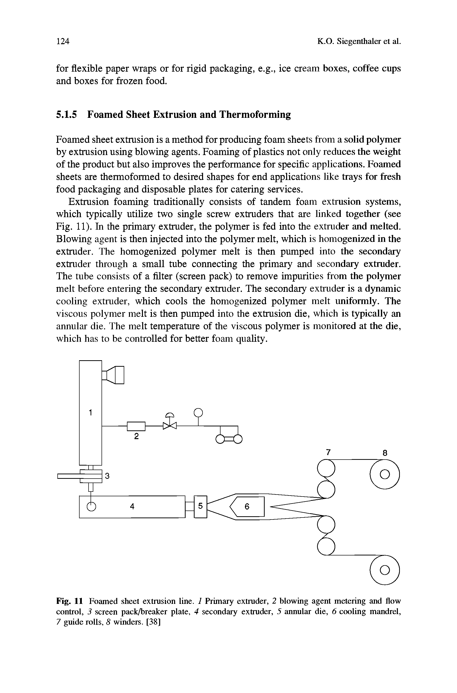 Fig. 11 Foamed sheet extrusion line. 1 Primary extruder, 2 blowing agent metering and flow control, 3 screen pack/breaker plate, 4 secondary extruder, 5 annular die, 6 cooling mandrel, 7 guide rolls, 8 winders. [38]...