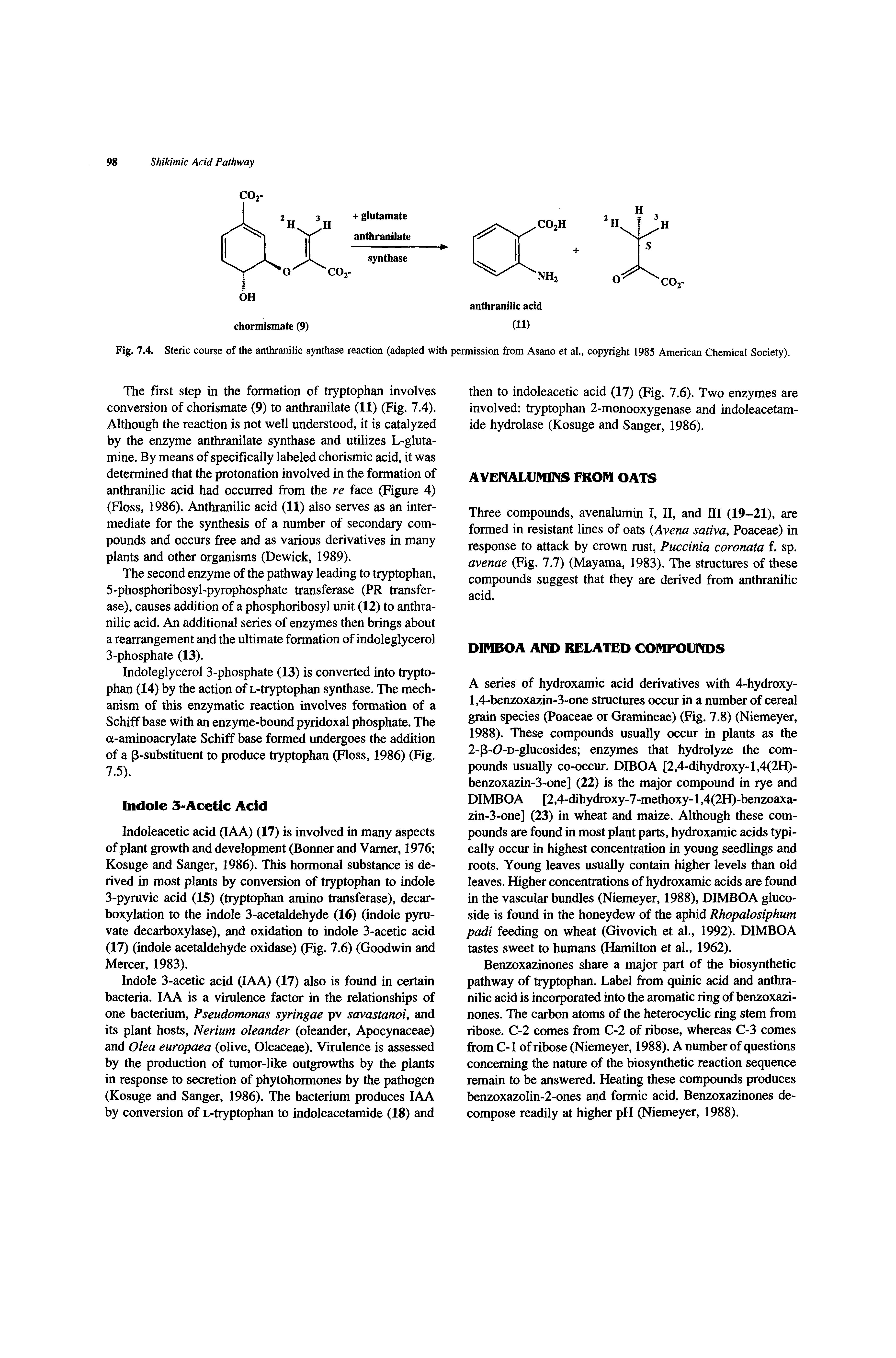 Fig. 7.4. Steric course of the anthranilic synthase reaction (adapted with permission from Asano et al., copyright 1985 American Chemical Society).