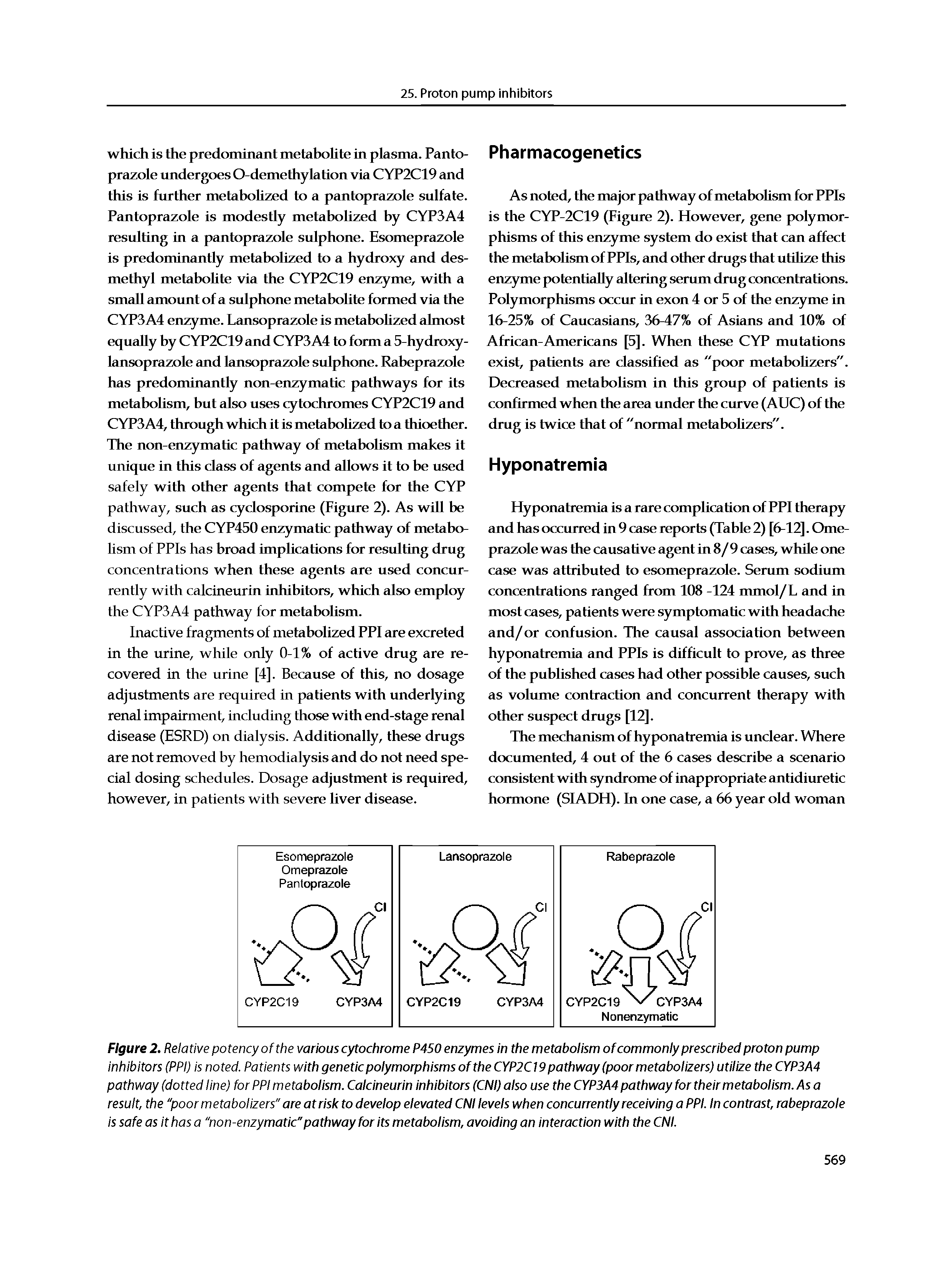 Figure 2. Relative potency of the various cytochrome P450 enzymes in the metabolism of commonly prescribed proton pump inhibitors (PPi) is noted. Patients with genetic polymorphisms of the CYP2C19 pathway (poor metaboUzers) utilize the CYP3A4 pathway (dotted line) for PPi metabolism. Calcineurin inhibitors (CNI) also use the CYP3A4 pathway for their metabolism. As a result, the "poor metaboUzers" are at risk to develop elevated CNI levels when concurrently receiving a PPI. In contrast, rabeprazole is safe as it has a "non-enzymatic"pathway for its metabolism, avoiding an interaction with the CNI.