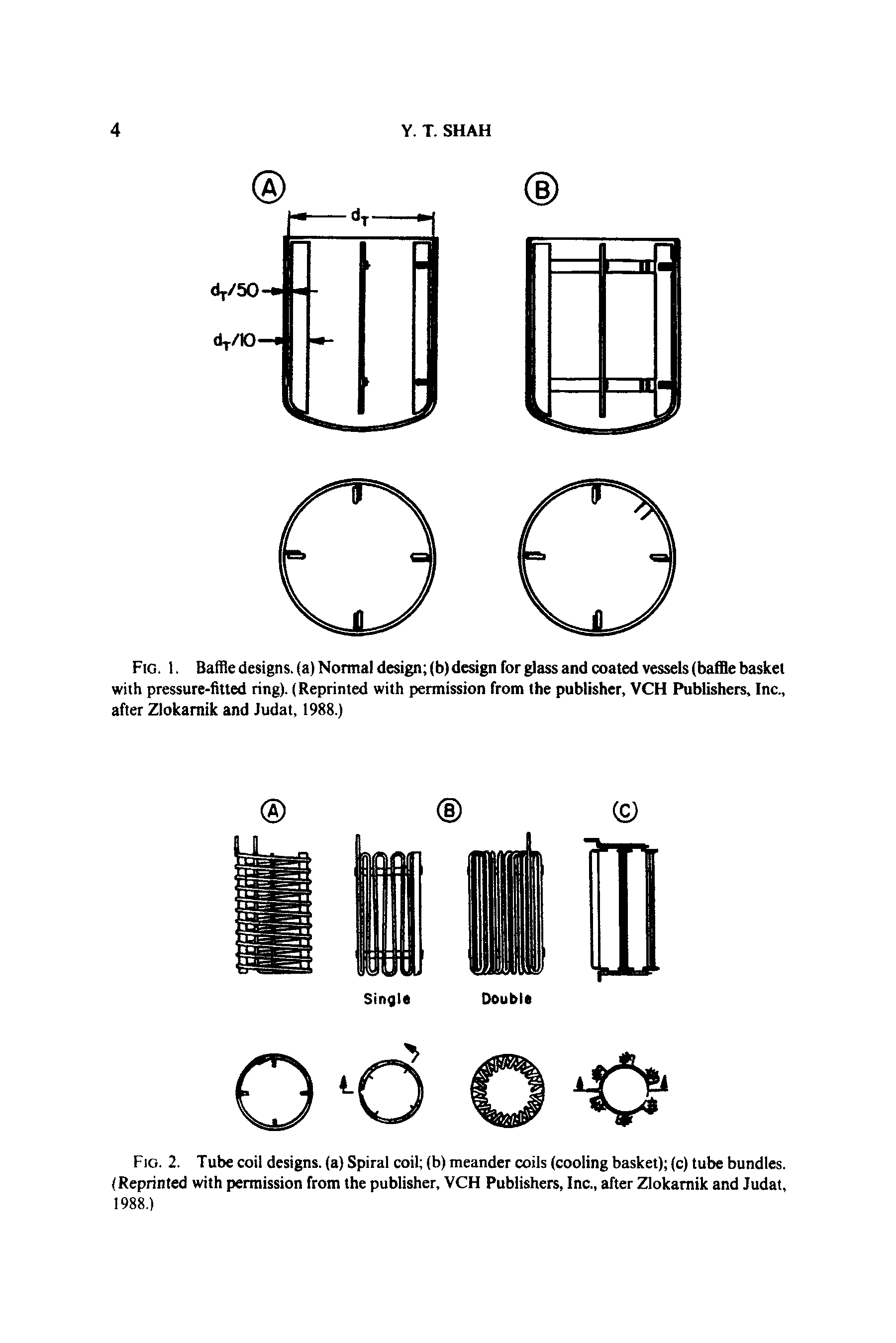Fig. 2. Tube coil designs, (a) Spiral coil (b) meander coils (cooling basket) (c) tube bundles. (Reprinted with permission from the publisher, VCH Publishers, Inc., after Zlokarnik and Judat,...