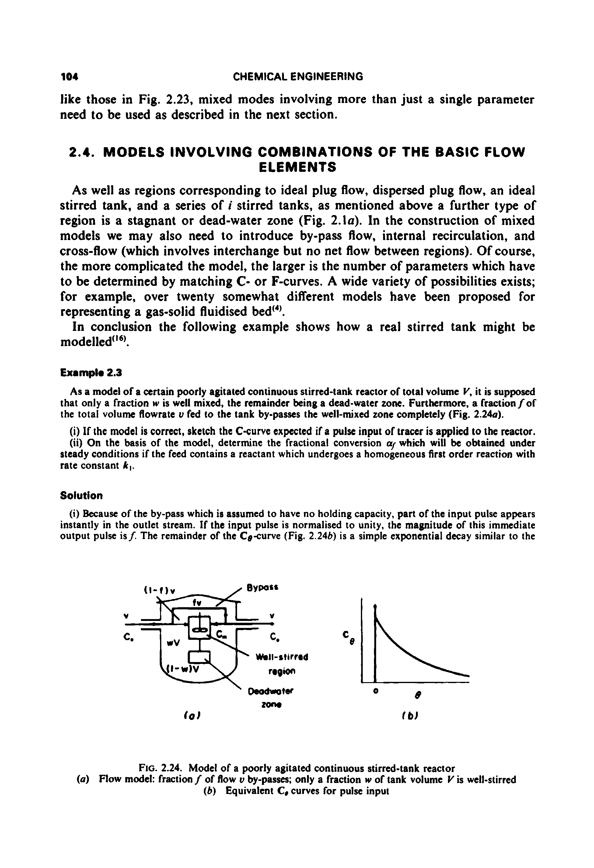 Fig. 2.24. Model of a poorly agitated continuous stirred-tank reactor (a) Flow model fraction / of flow v by-passes only a fraction w of tank volume V is well-stirred (b) Equivalent C, curves for pulse input...