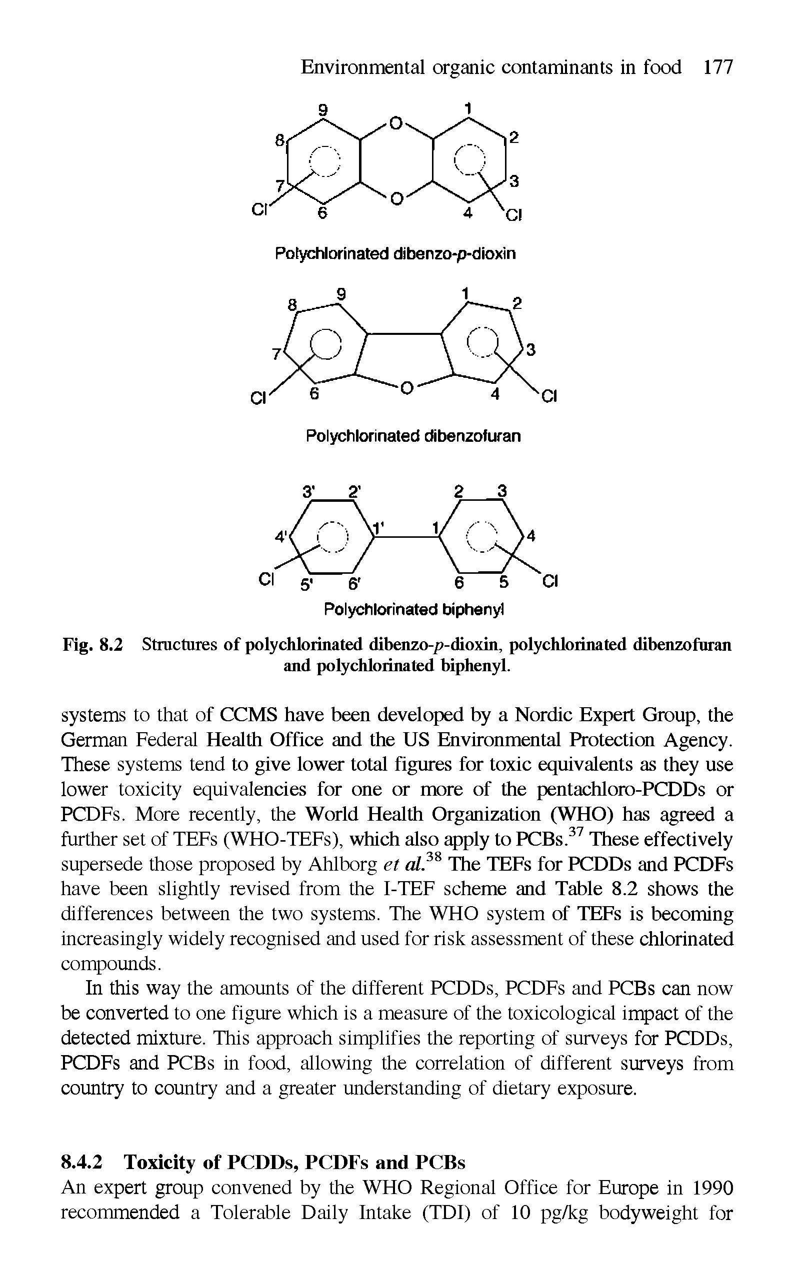 Fig. 8.2 Structures of polychlorinated dibenzo-p-dioxin, polychlorinated dibenzofuran and polychlorinated biphenyl.