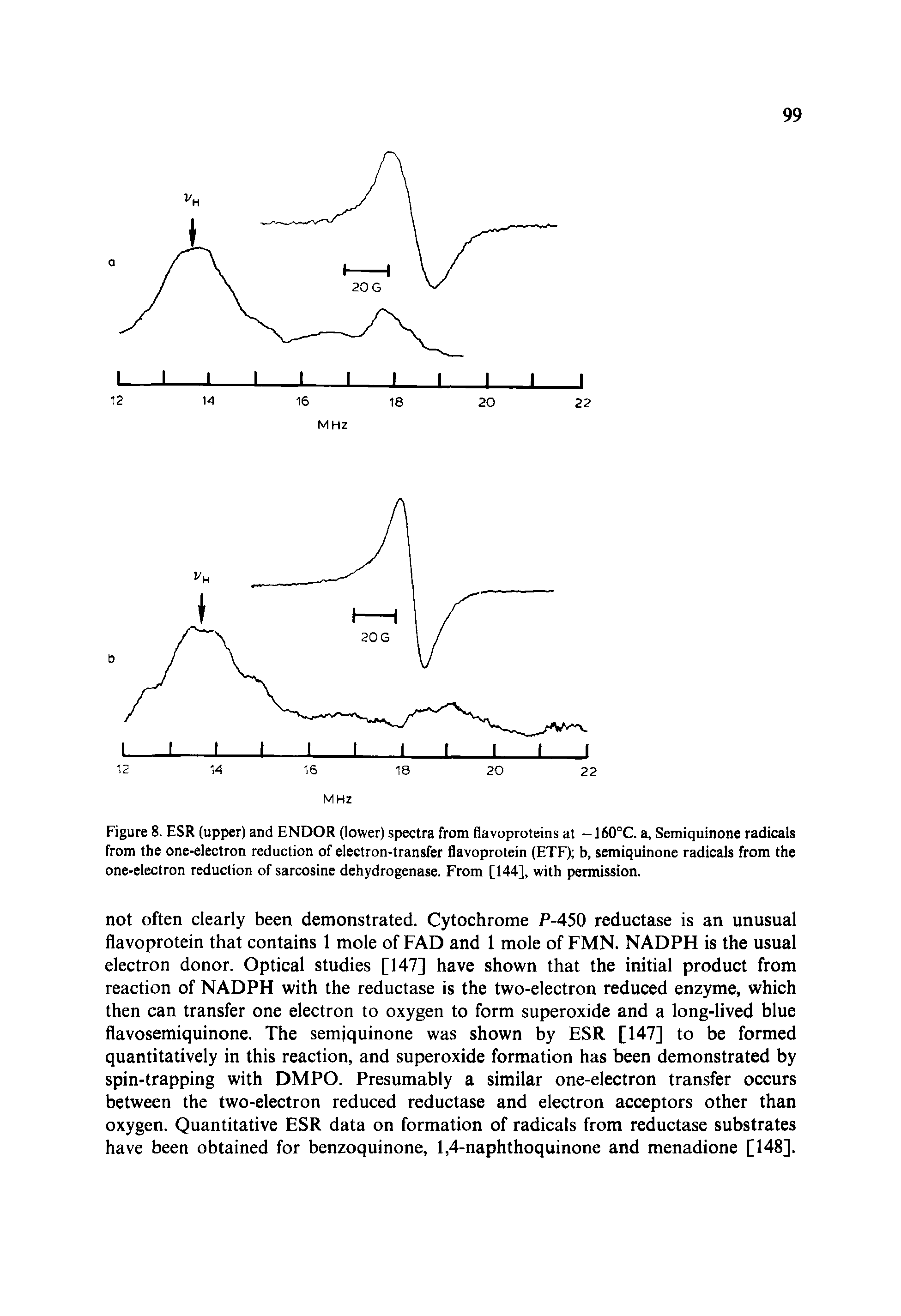 Figure 8. ESR (upper) and ENDOR (lower) spectra from flavoproteins at — 160°C. a, Semiquinone radicals from the one-electron reduction of electron-transfer flavoprotein (ETF) b, semiquinone radicals from the one-electron reduction of sarcosine dehydrogenase. From [144], with permission.