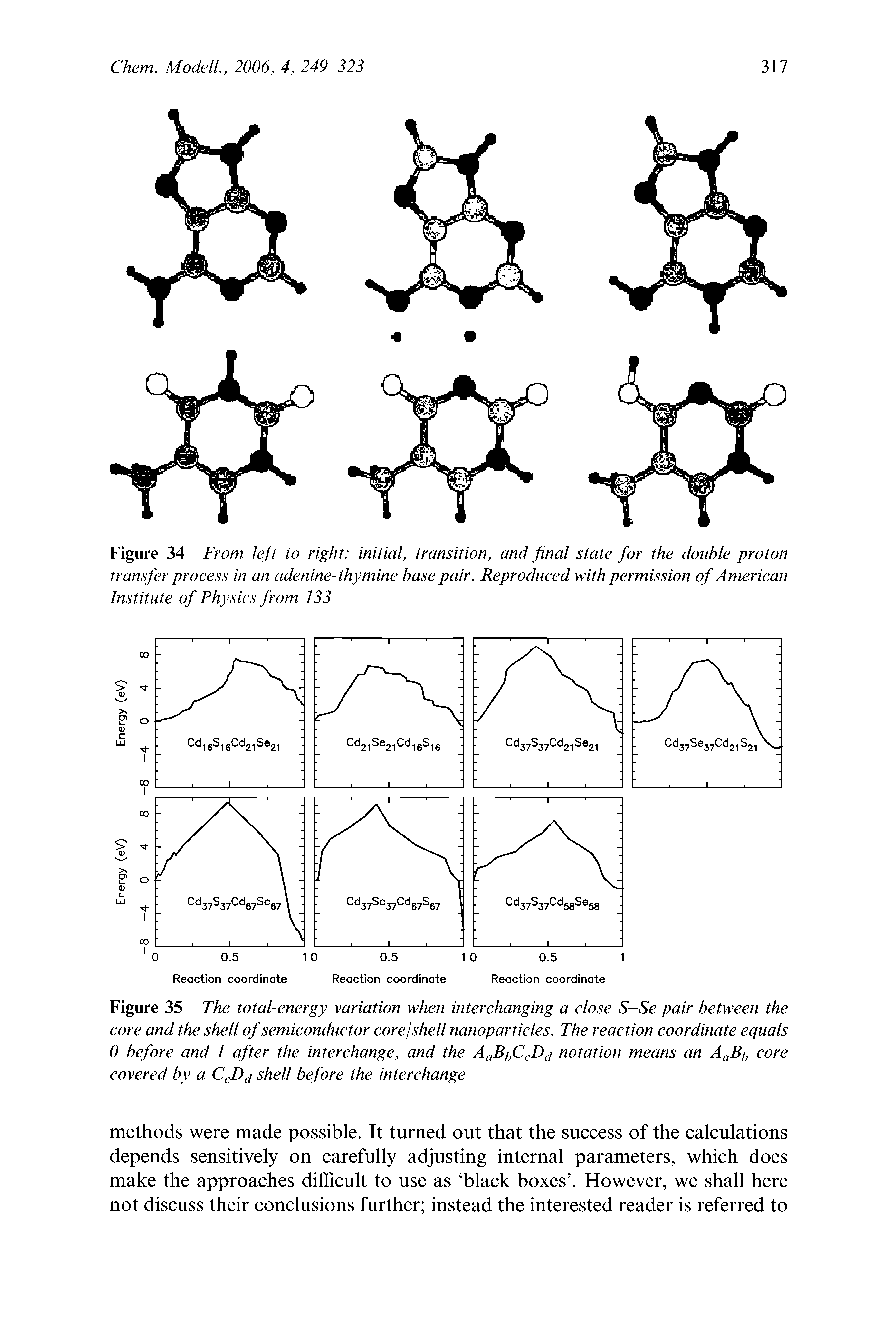 Figure 34 From left to right initial, transition, and final state for the double proton transfer process in an adenine-thymine base pair. Reproduced with permission of American Institute of Physics from 133...