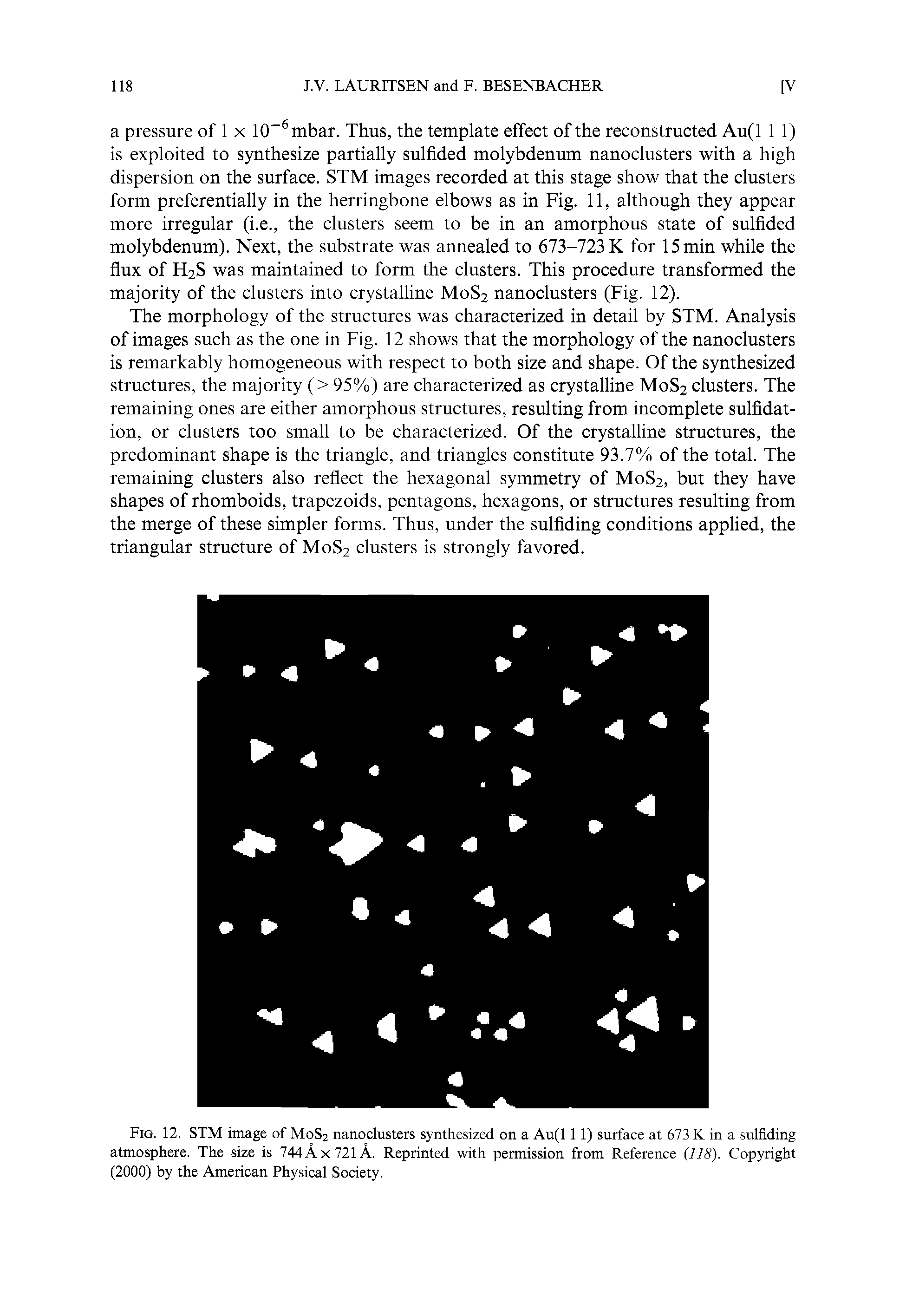 Fig. 12. STM image of M0S2 nanoclusters synthesized on a Au(l 1 1) surface at 673 K in a sulfiding atmosphere. The size is 744Ax721A. Reprinted with permission from Reference (US ). Copyright (2000) by the American Physical Society.