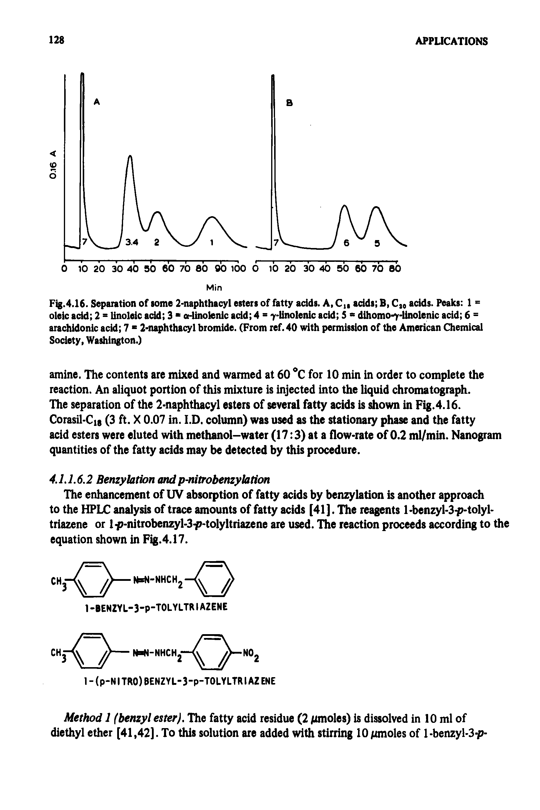 Fig.4.16. Separation of some 2-naphthacyl esters of fatty adds. A, C, adds B, C adds. Peaks 1 = oleic add 2 = linoleic add 3 a-Unolenic add 4 = 7-linolenic add 5 = dihomo-7-linolenic add 6 = arachidonic add 7 = 2-naphthacyl bromide. (From ref. 40 with permission of the American Chemical Society, Washington.)...