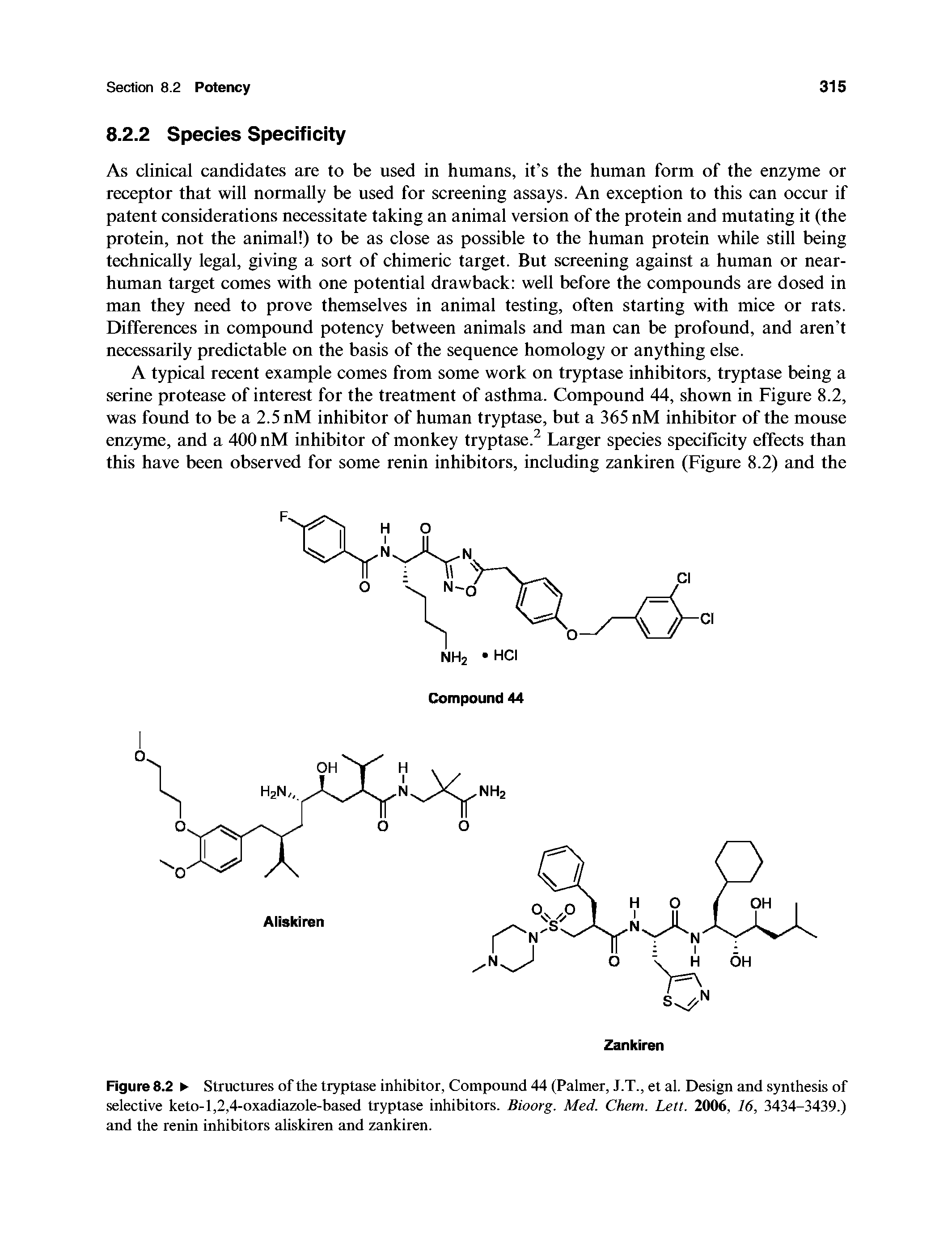 Figure 8.2 Structures of the tryptase inhibitor, Compound 44 (Palmer, J.T., et al. Design and synthesis of selective keto-l,2,4-oxadiazole-based tryptase inhibitors. Bioorg. Med. Chem. Lett. 2006, 16, 3434-3439.) and the renin inhibitors aliskiren and zankiren.