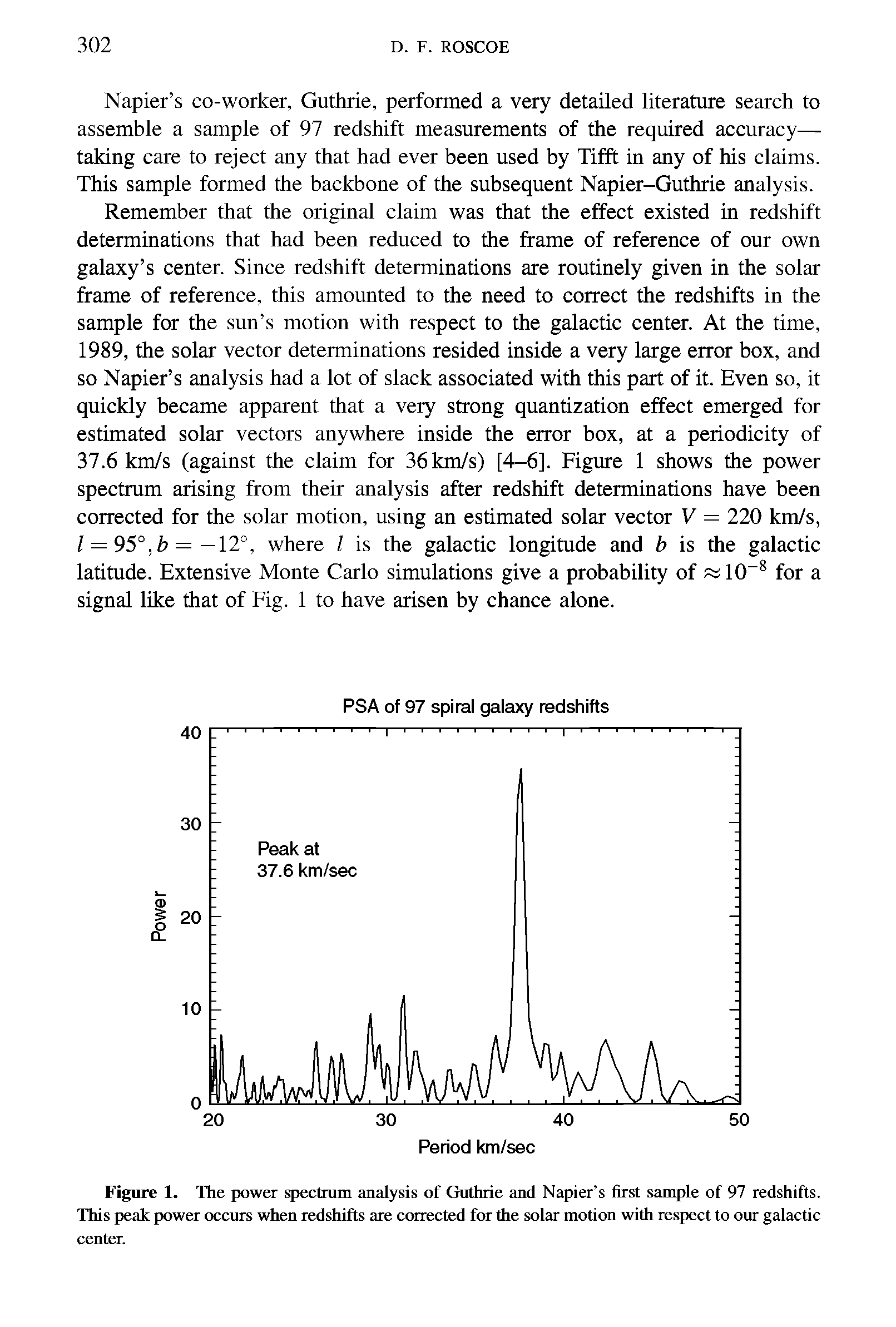 Figure 1. The power spectrum analysis of Guthrie and Napier s first sample of 97 redshifts. This peak power occurs when redshifts are corrected for the solar motion with respect to our galactic center.