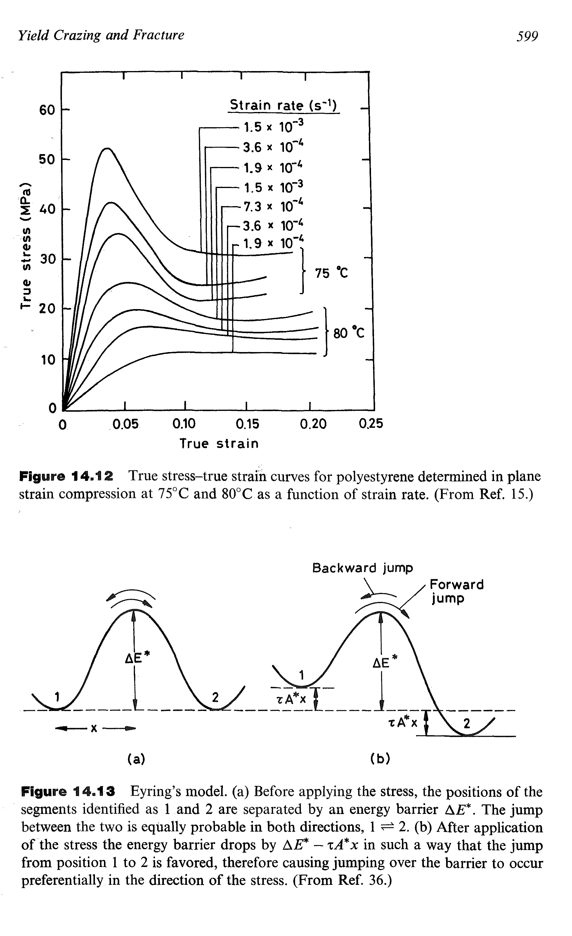 Figure 14.13 Eyring s model, (a) Before applying the stress, the positions of the segments identified as 1 and 2 are separated by an energy barrier AE. The jump between the two is equally probable in both directions, 1 2. (b) After application of the stress the energy barrier drops by AE — in such a way that the jump from position 1 to 2 is favored, therefore causing jumping over the barrier to occur preferentially in the direction of the stress. (From Ref. 36.)...