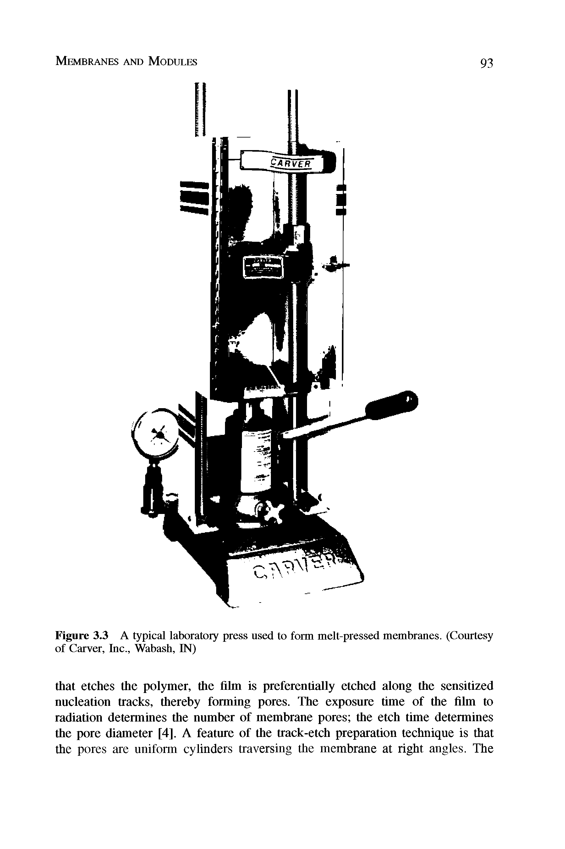Figure 3.3 A typical laboratory press used to form melt-pressed membranes. (Courtesy of Carver, Inc., Wabash, IN)...