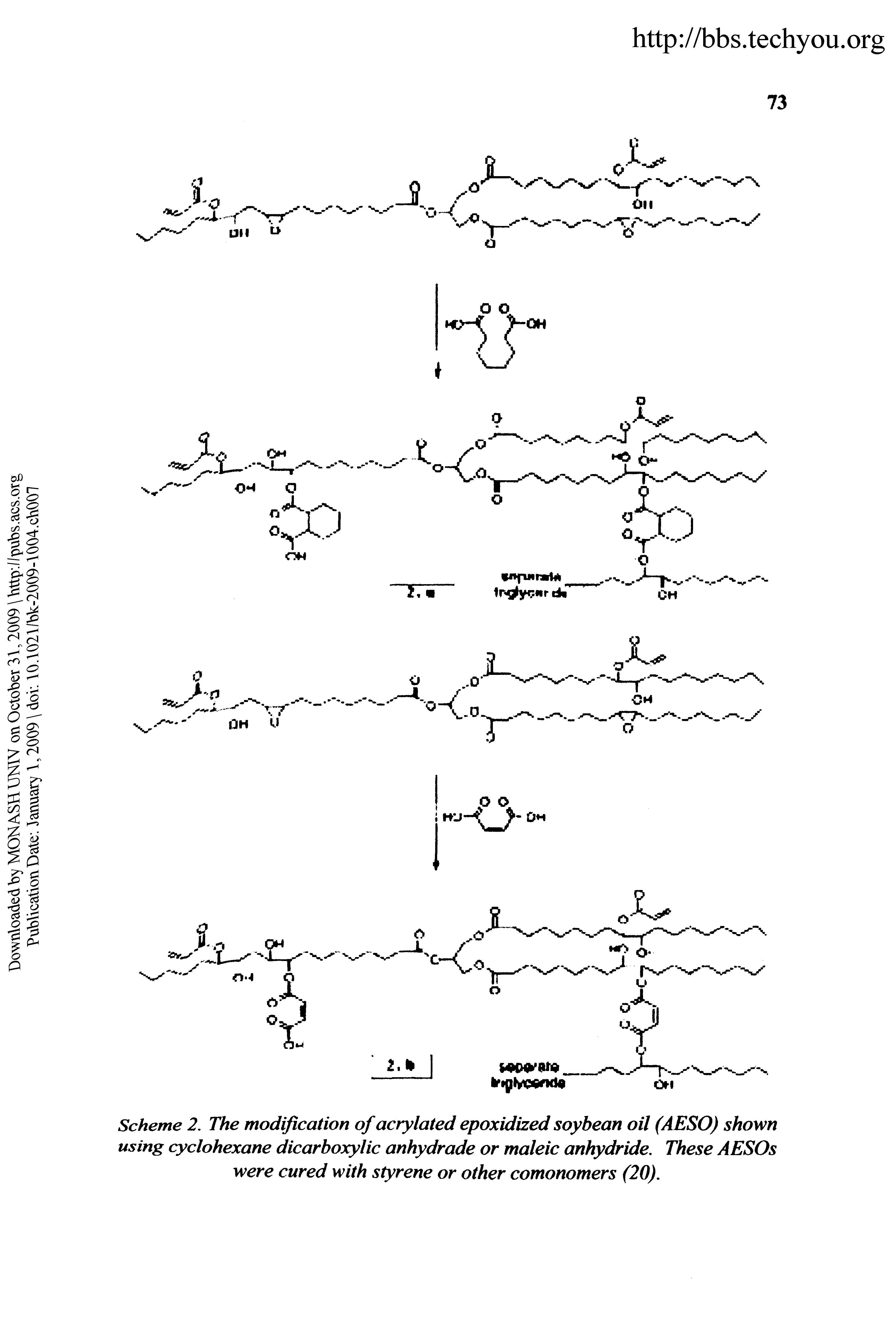 Scheme 2, The modification of acrylated epoxidized soybean oil (AESO) shown using cyclohexane dicarboxylic anhydrade or maleic anhydride. These AESOs were cured with styrene or other comonomers (20).