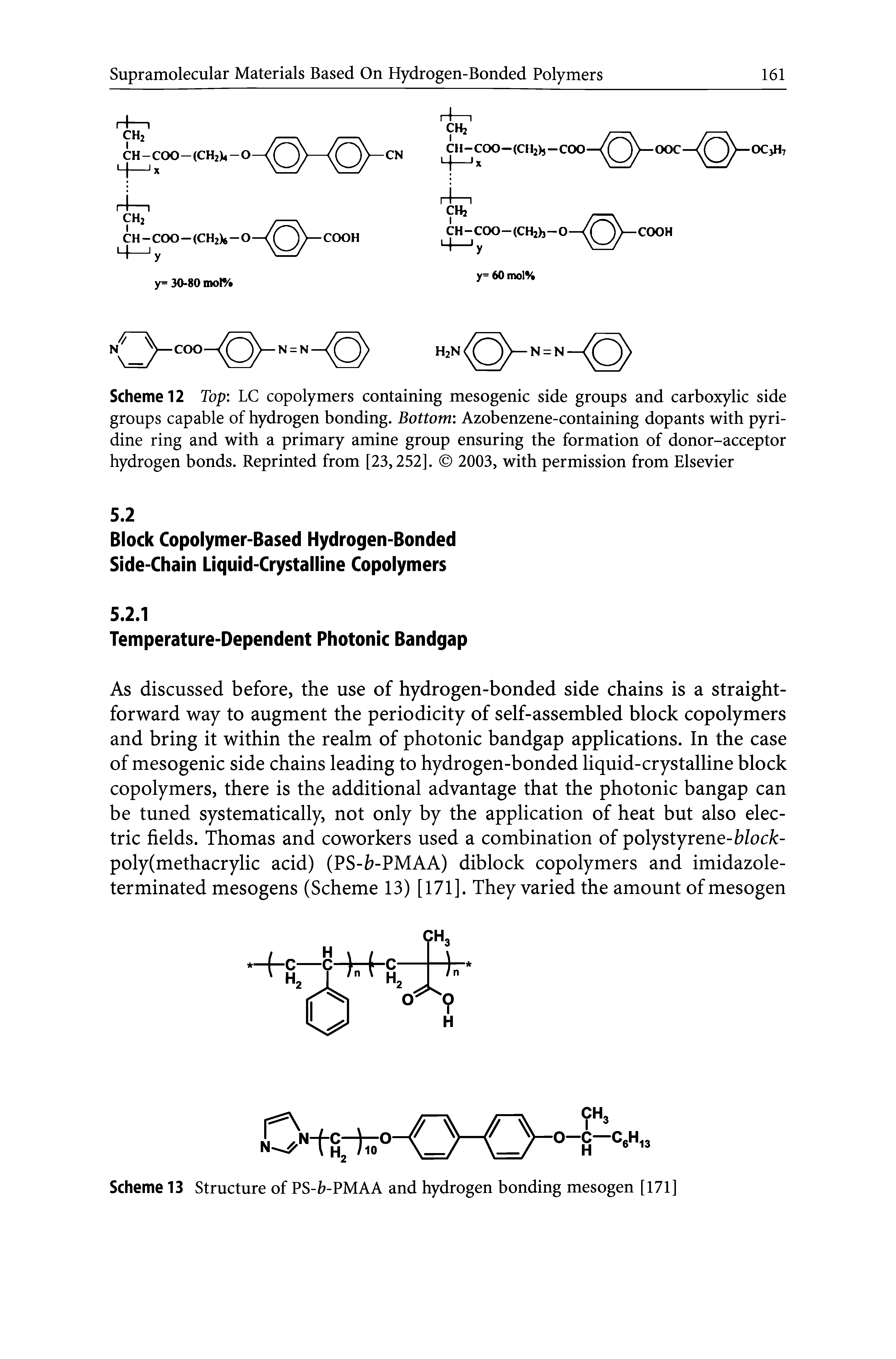 Scheme 12 Top LC copolymers containing mesogenic side groups and carboxylic side groups capable of hydrogen bonding. Bottom Azobenzene-containing dopants with pyridine ring and with a primary amine group ensuring the formation of donor-acceptor hydrogen bonds. Reprinted from [23,252]. 2003, with permission from Elsevier...