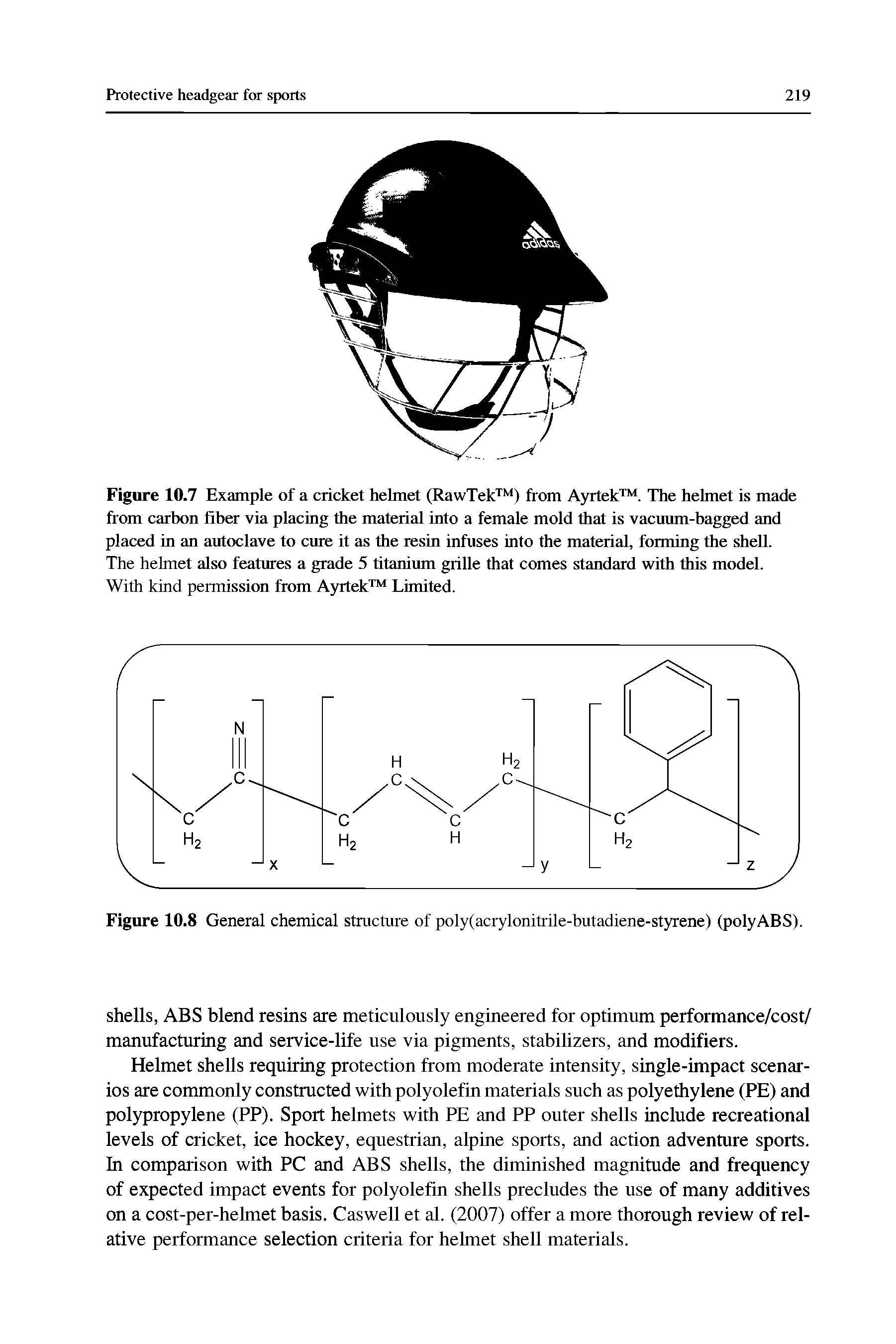 Figure 10.7 Example of a cricket helmet (RawTek ) from Ayrtek . The helmet is made from carhon fiber via placing the material into a female mold that is vacuum-bagged and placed in an autoclave to cure it as the resin infuses into the material, forming the shell. The helmet also features a grade 5 titanium grille that comes standard with this model. With kind permission from Ayrtek Limited.